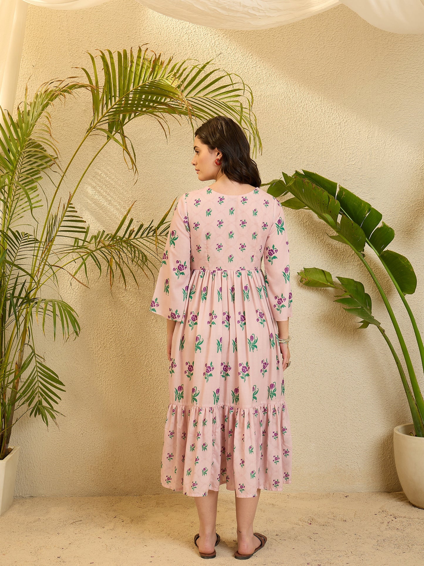 Pink Floral Printed Cotton Flared Maxi Dress