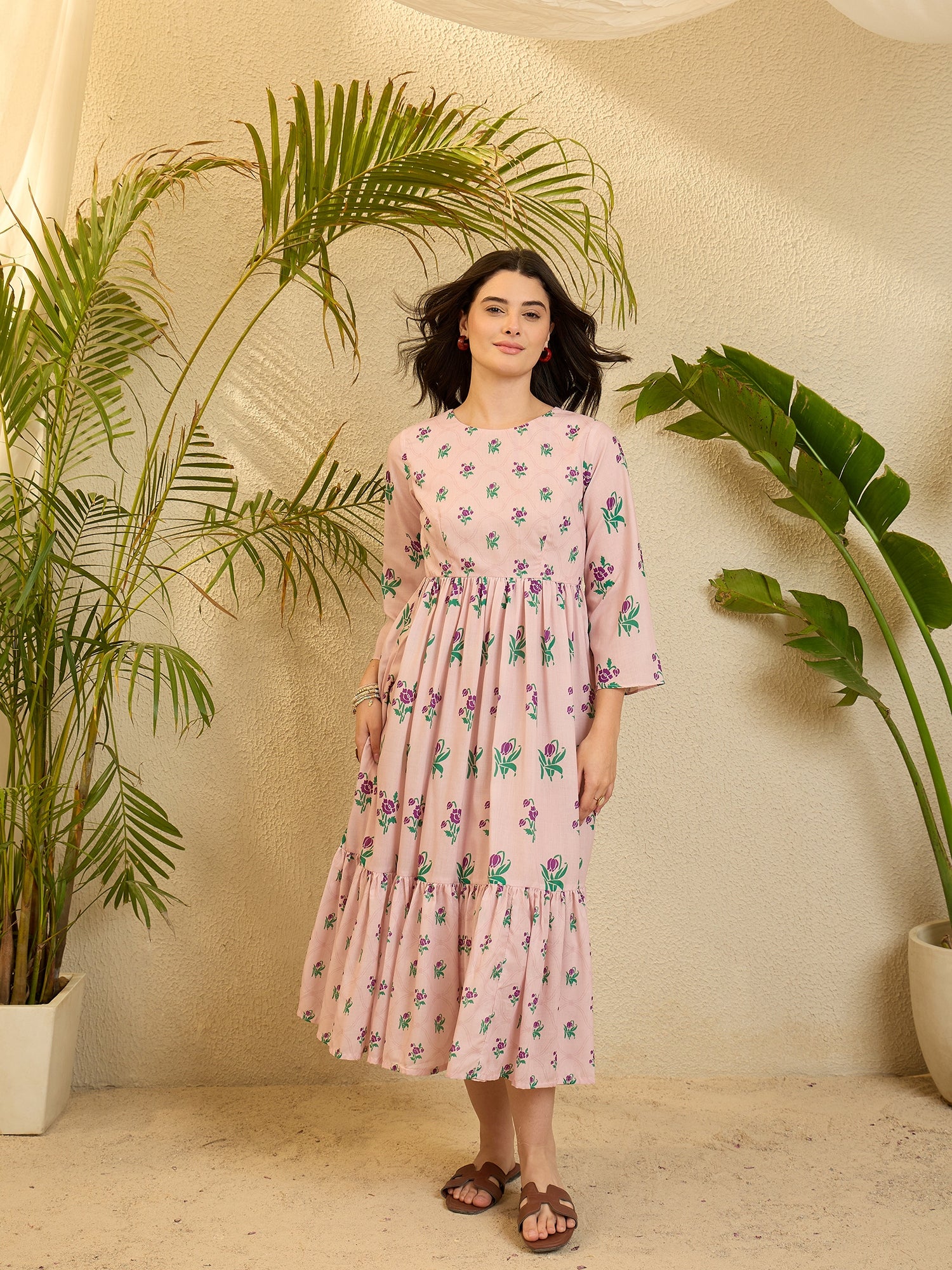 Pink Floral Printed Cotton Flared Maxi Dress