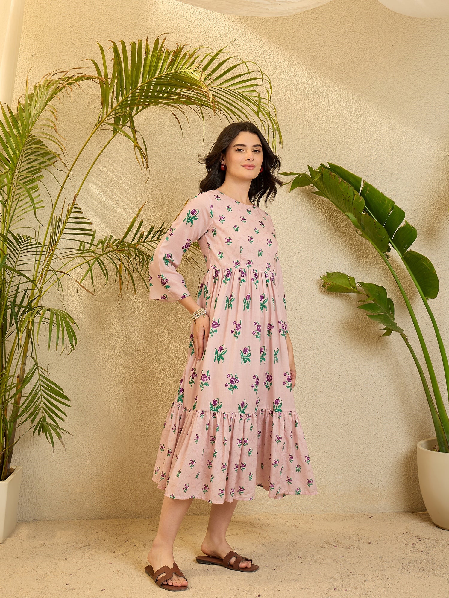 Pink Floral Printed Cotton Flared Maxi Dress