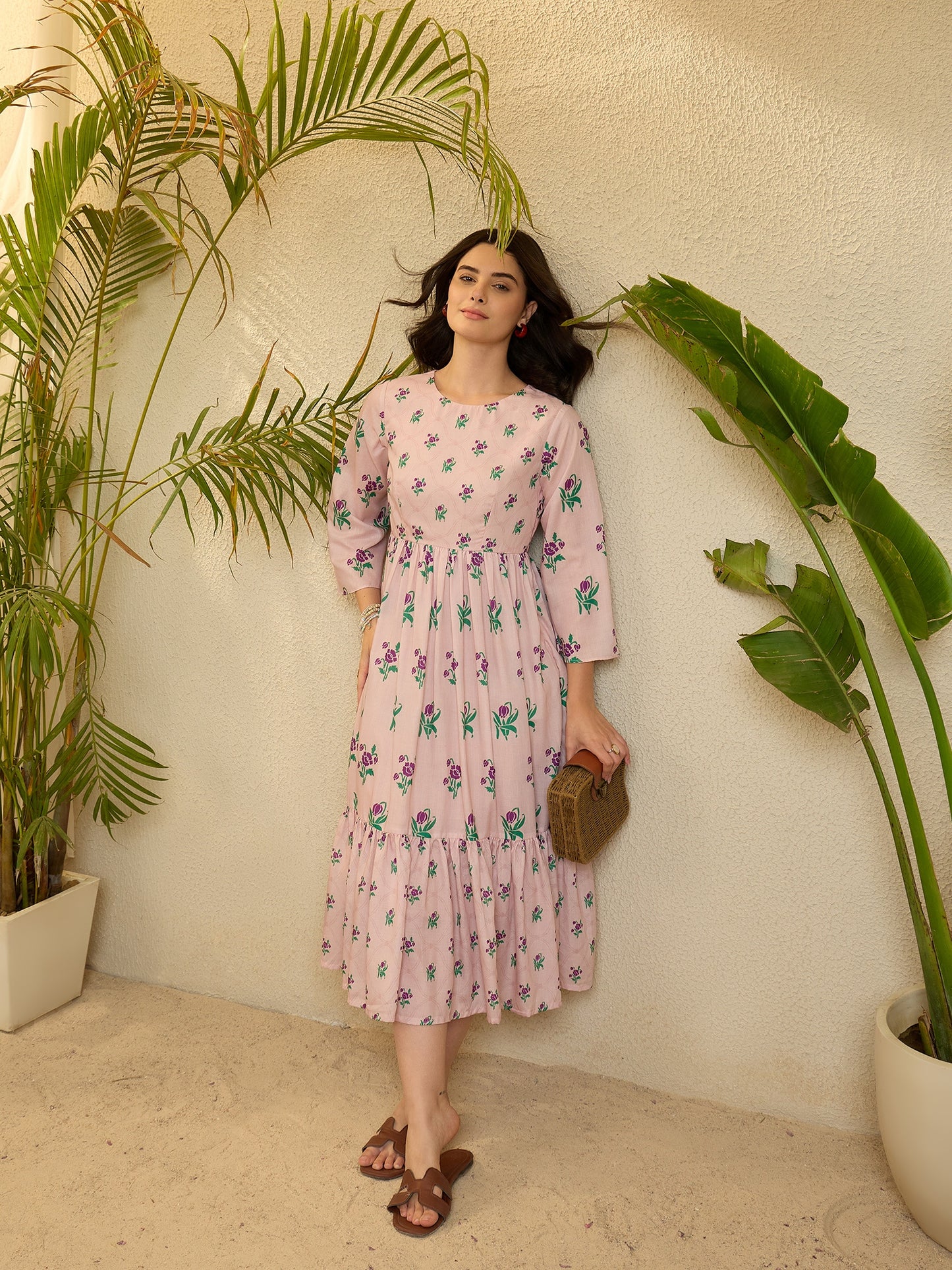 Pink Floral Printed Cotton Flared Maxi Dress