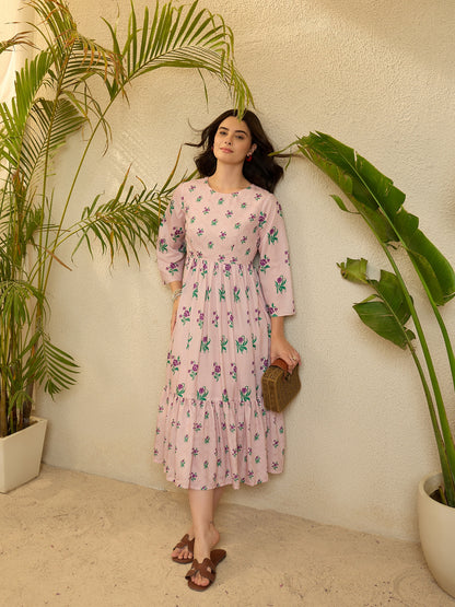 Pink Floral Printed Cotton Flared Maxi Dress