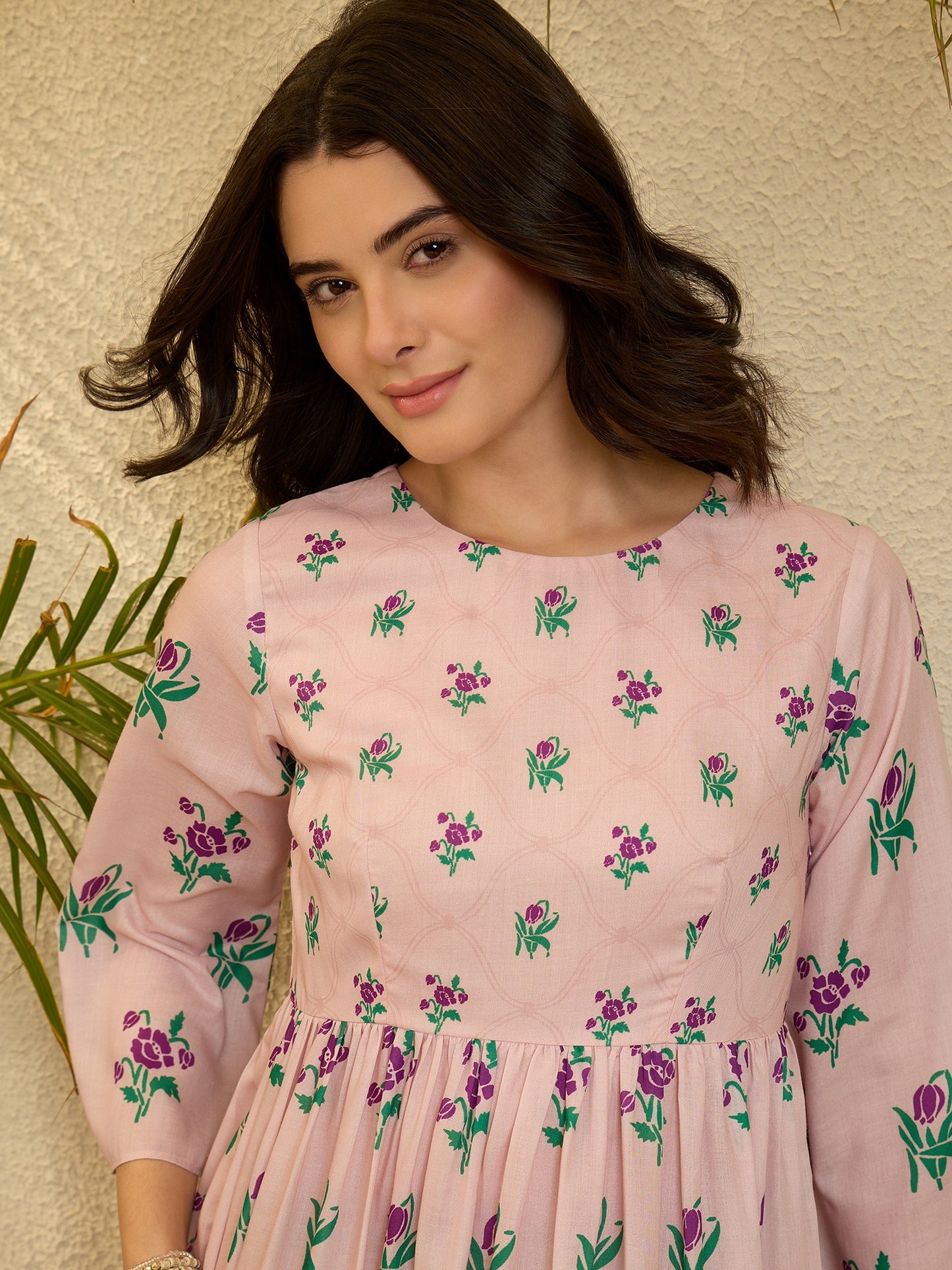 Pink Floral Printed Cotton Flared Maxi Dress