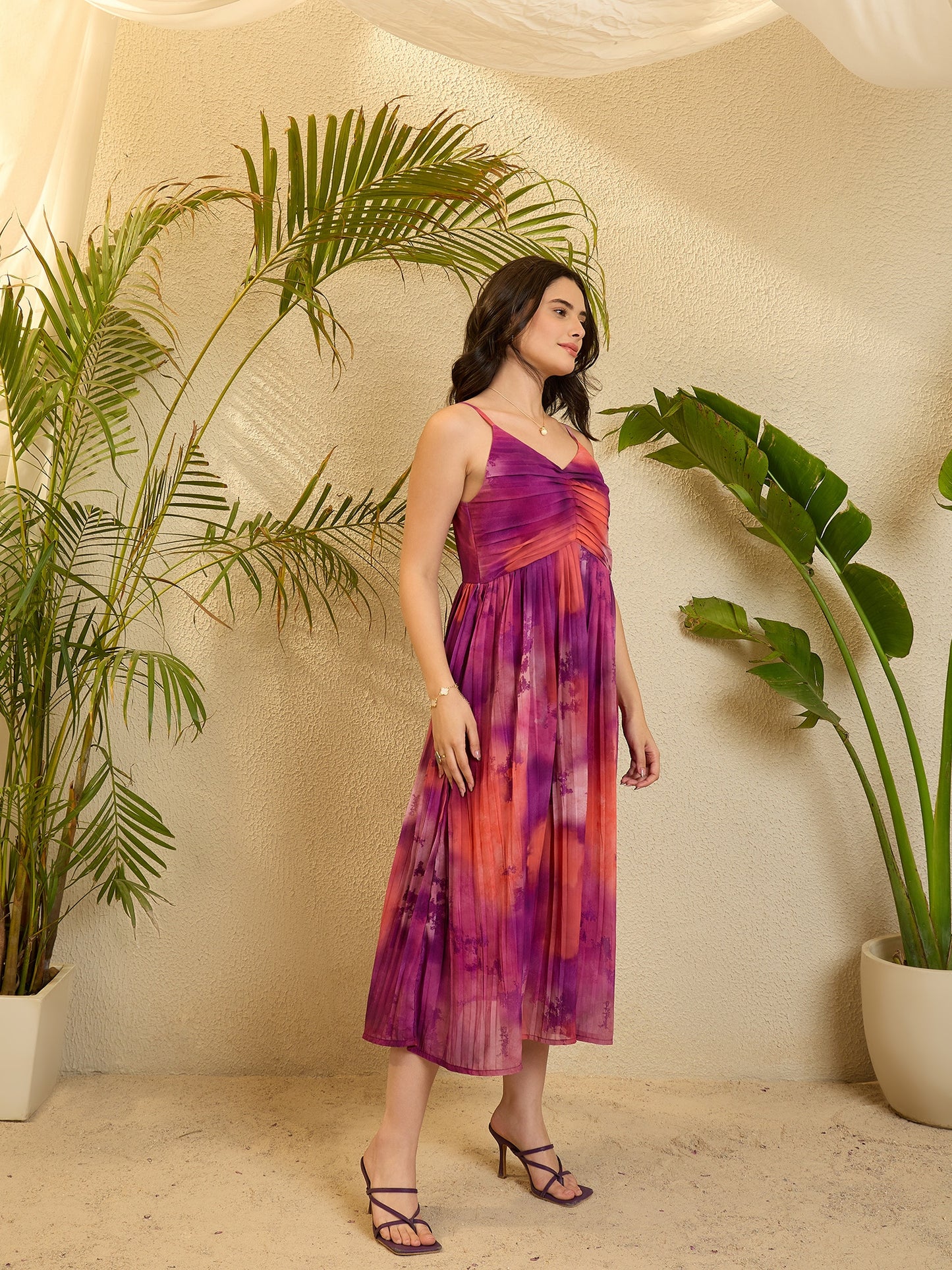 Purple Abstract Printed Georgette Crushed Dress