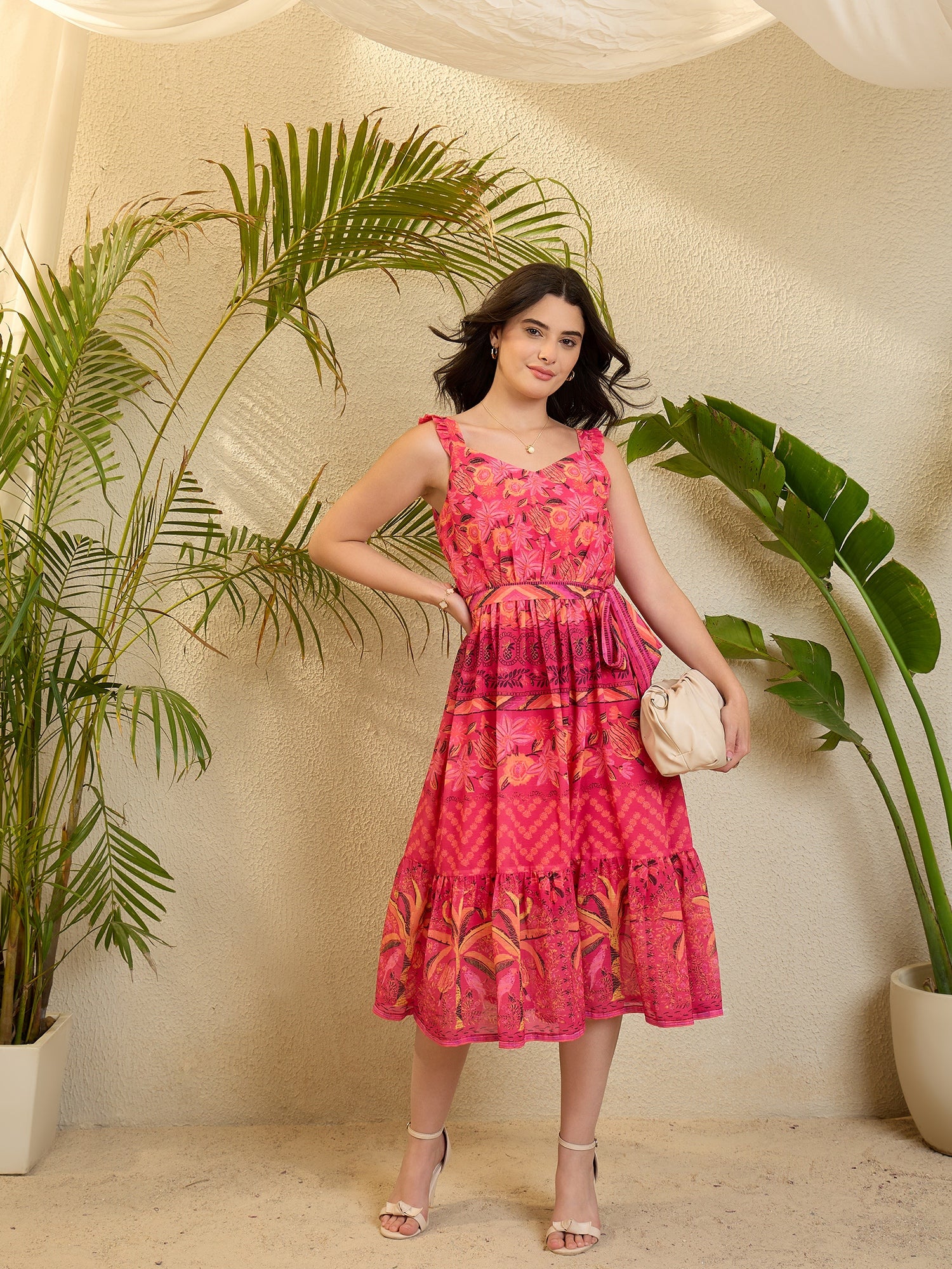 Pink Floral Printed Flared Georgette Dress