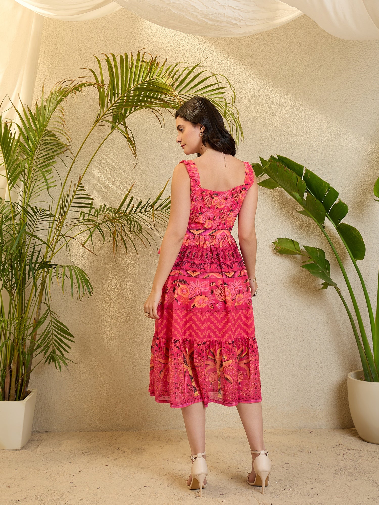 Pink Floral Printed Flared Georgette Dress