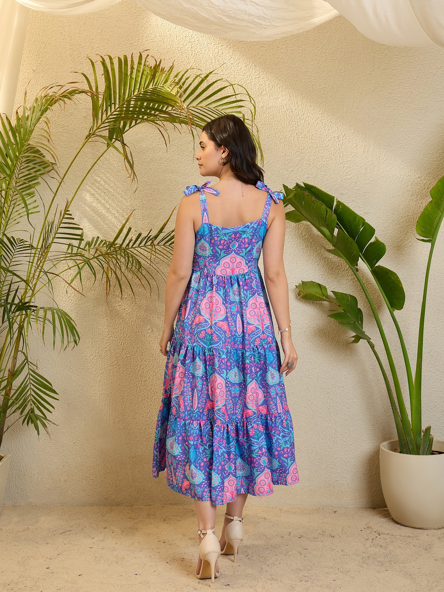 Blue Tile Printed Rayon Flared Dress