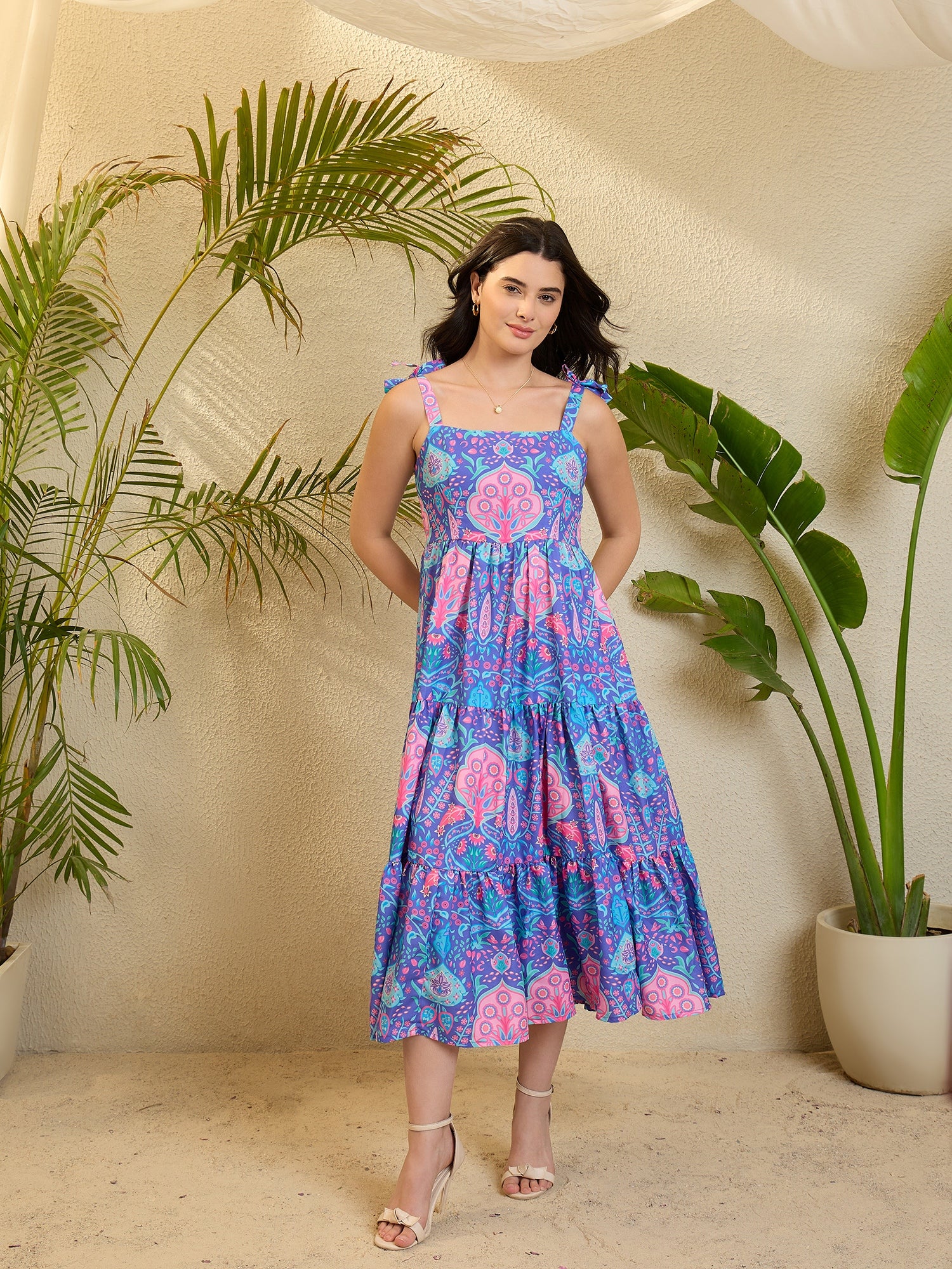 Blue Tile Printed Rayon Flared Dress