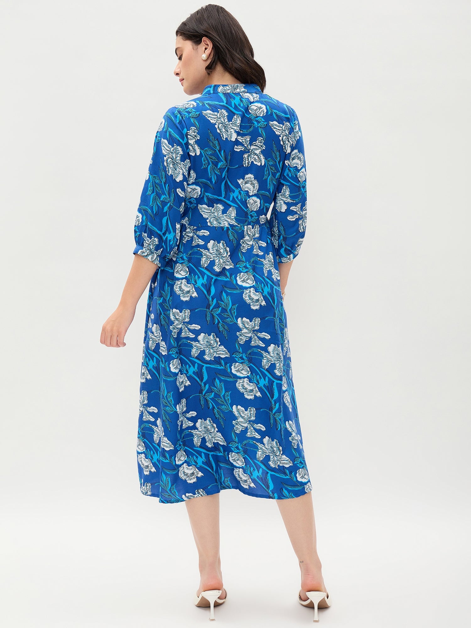 Blue Floral Printed Rayon Dress