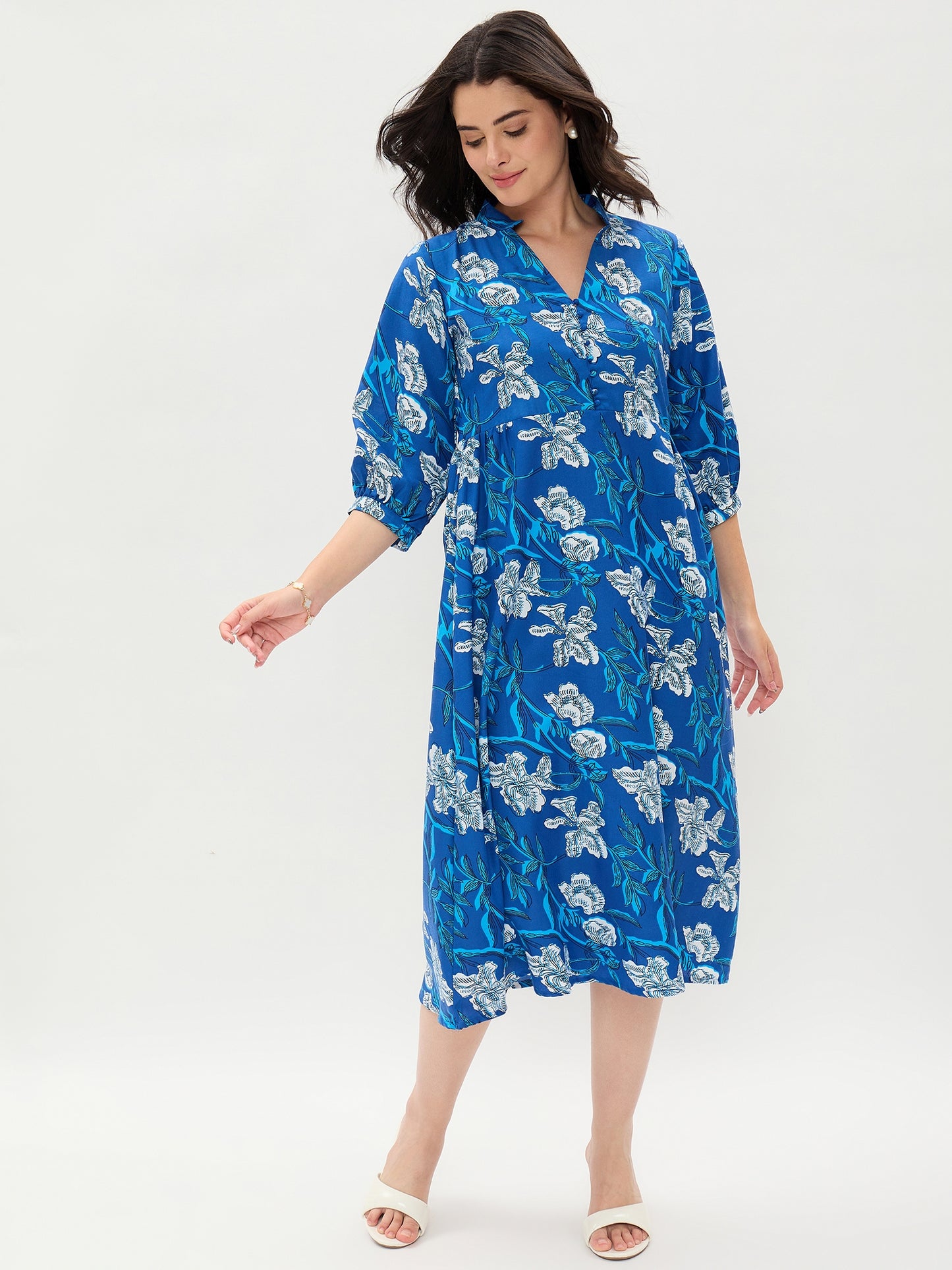 Blue Floral Printed Rayon Dress