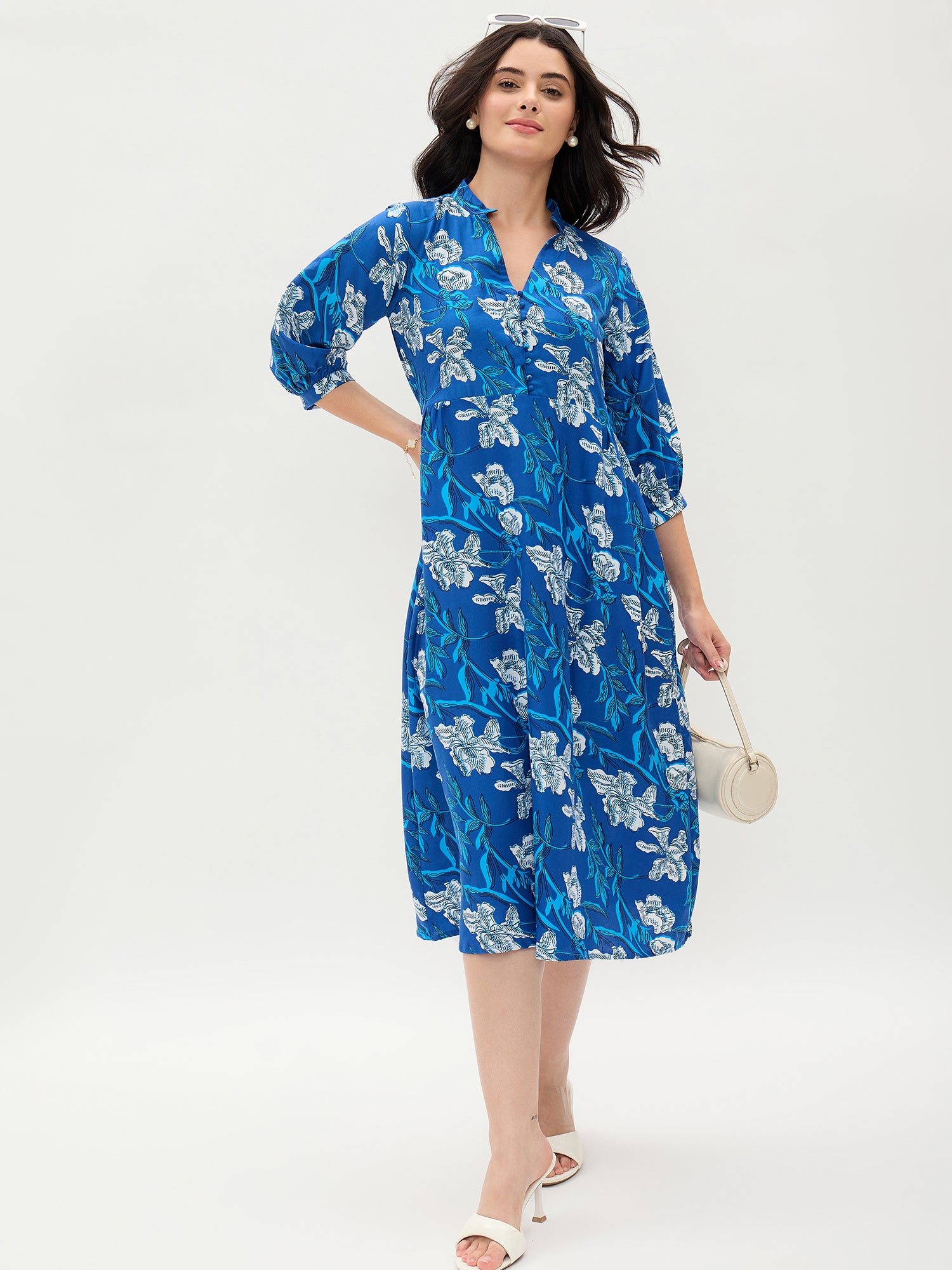 Blue Floral Printed Rayon Dress