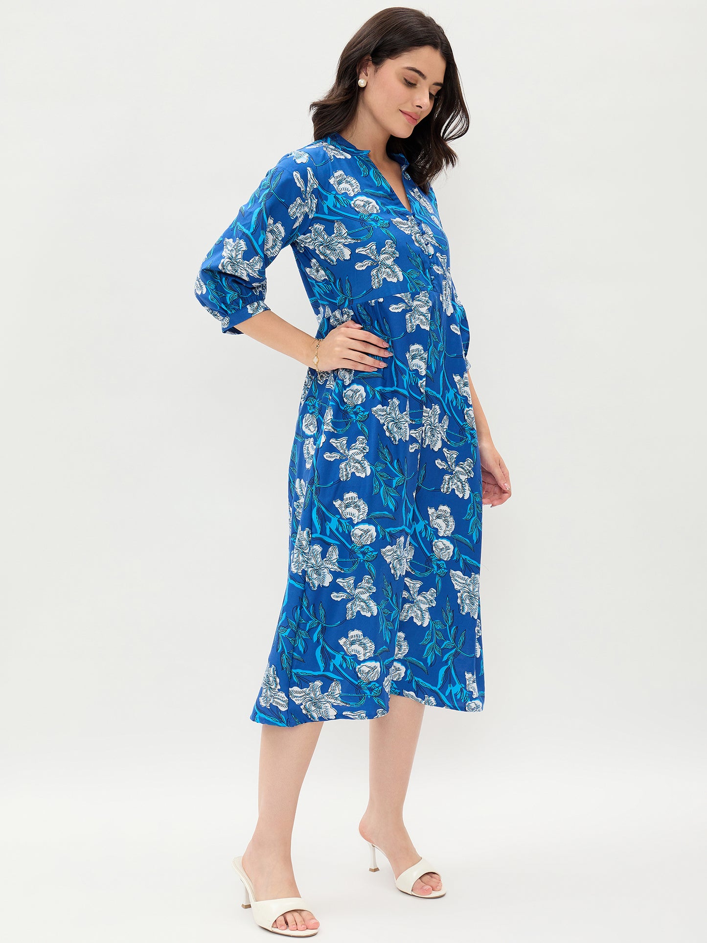 Blue Floral Printed Rayon Dress