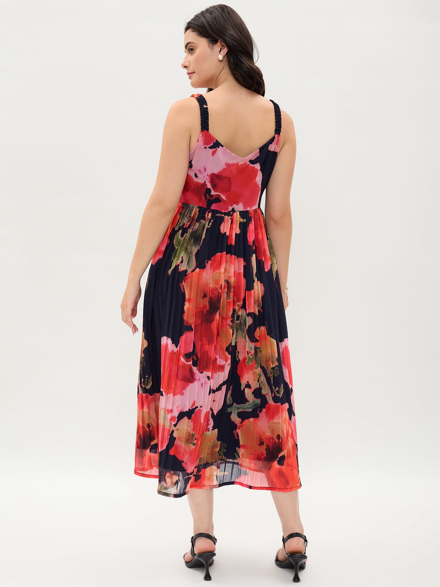 Black Floral Printed Georgette Crushed Dress