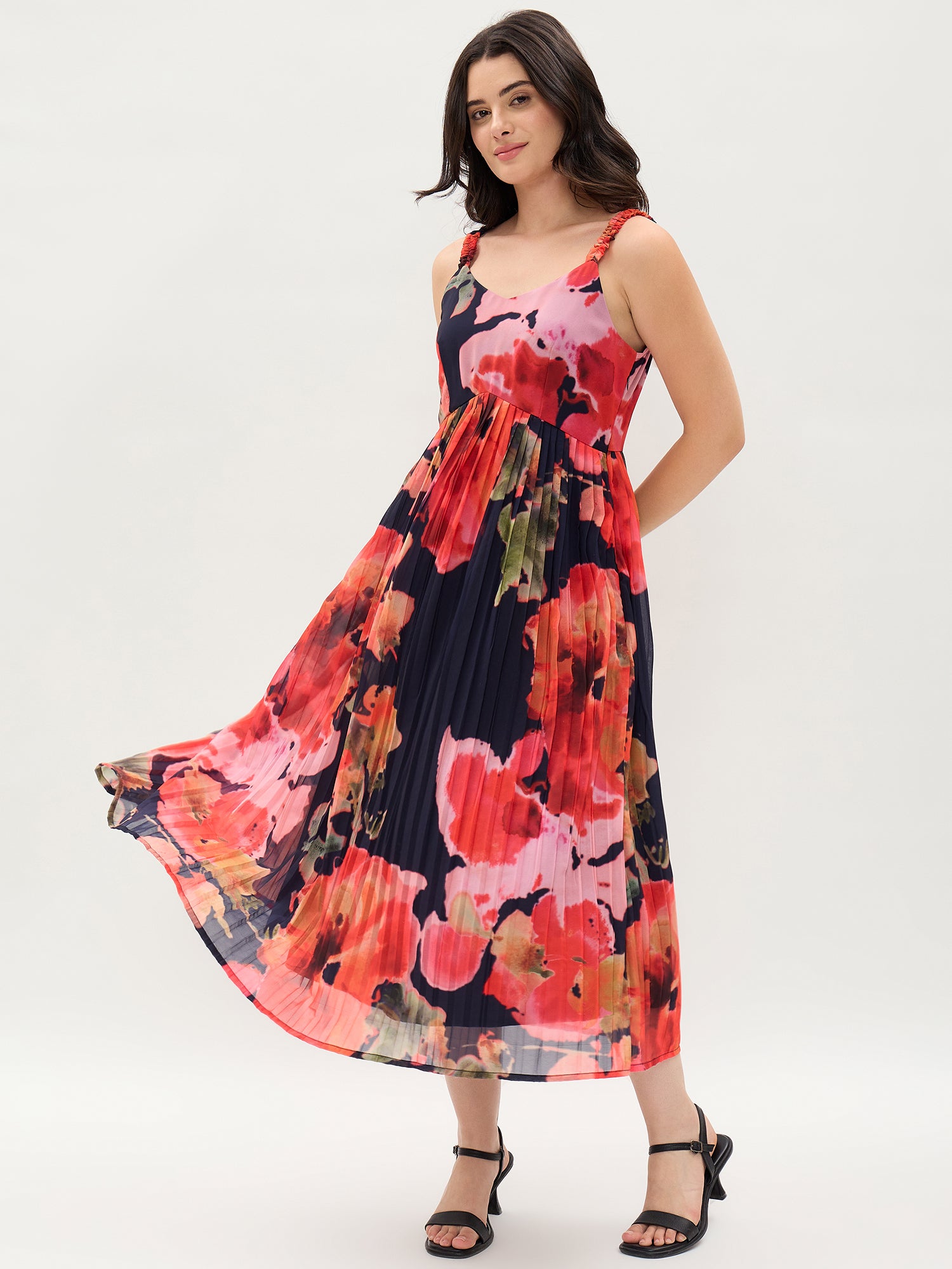 Black Floral Printed Georgette Crushed Dress