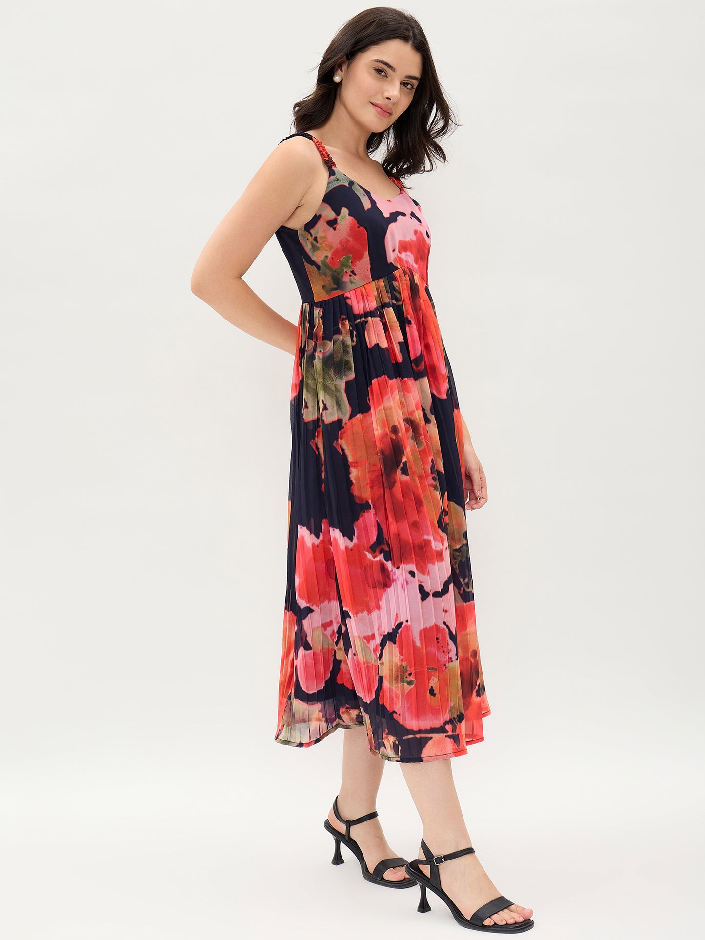 Black Floral Printed Georgette Crushed Dress