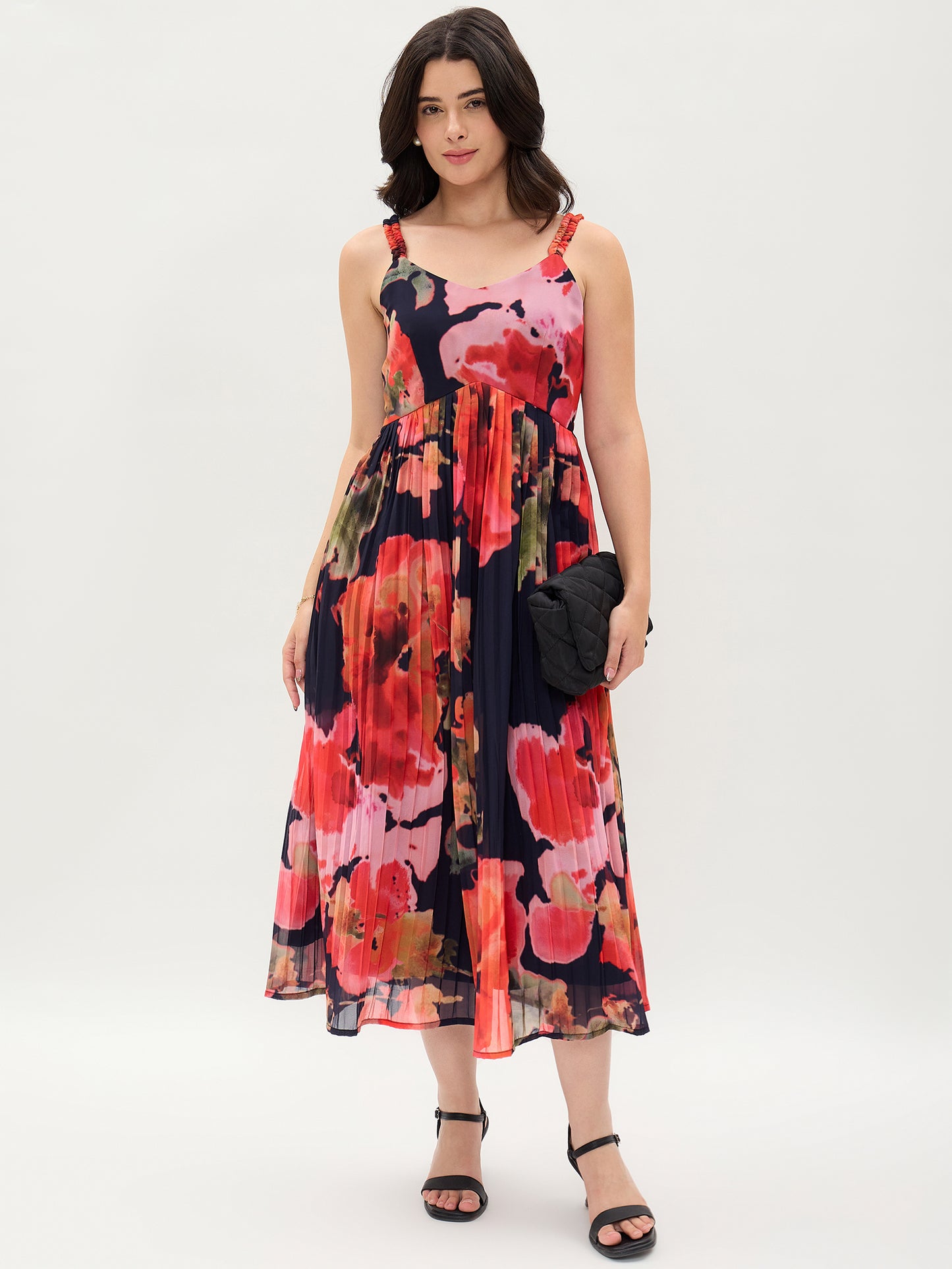 Black Floral Printed Georgette Crushed Dress