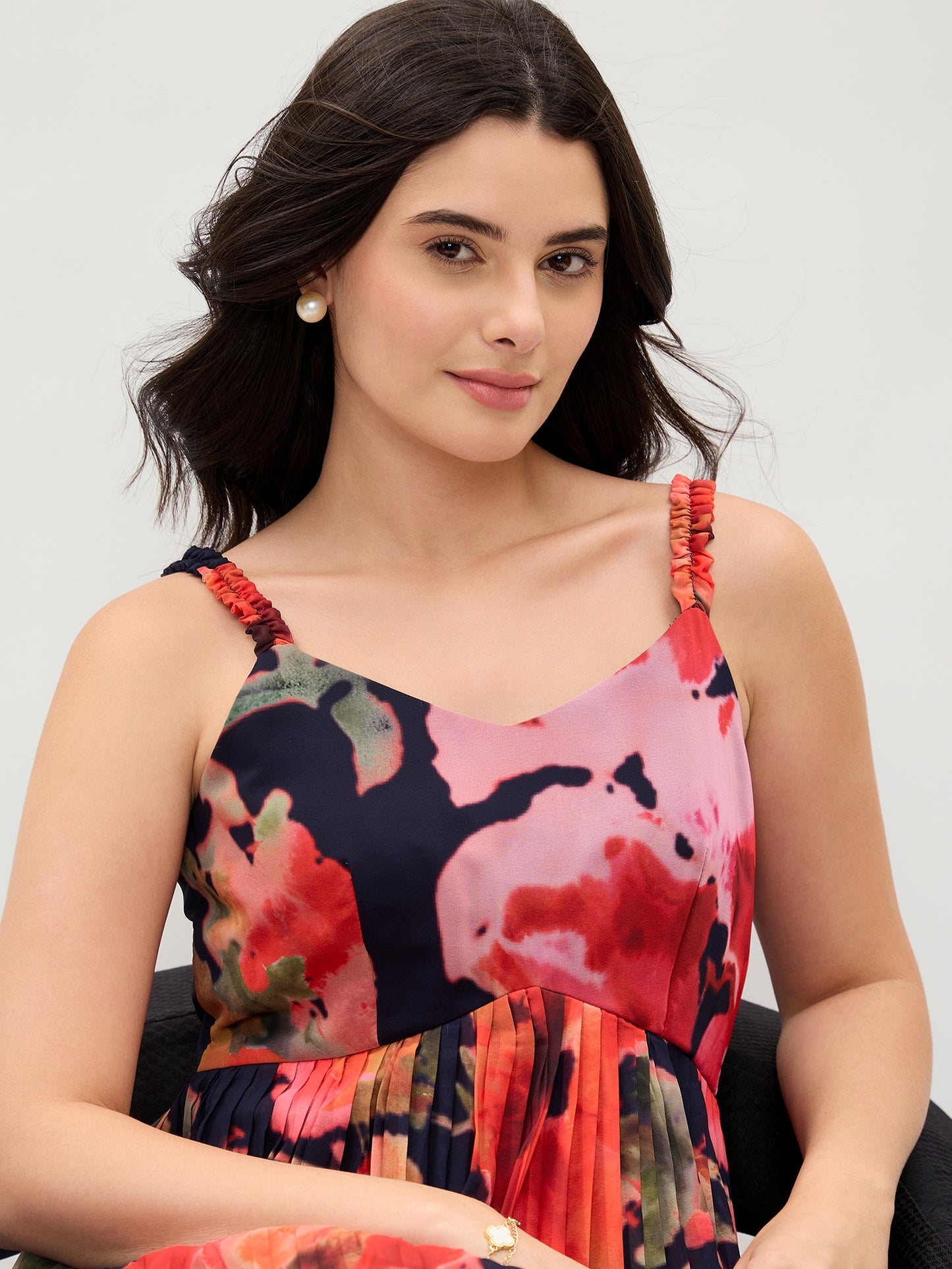 Black Floral Printed Georgette Crushed Dress