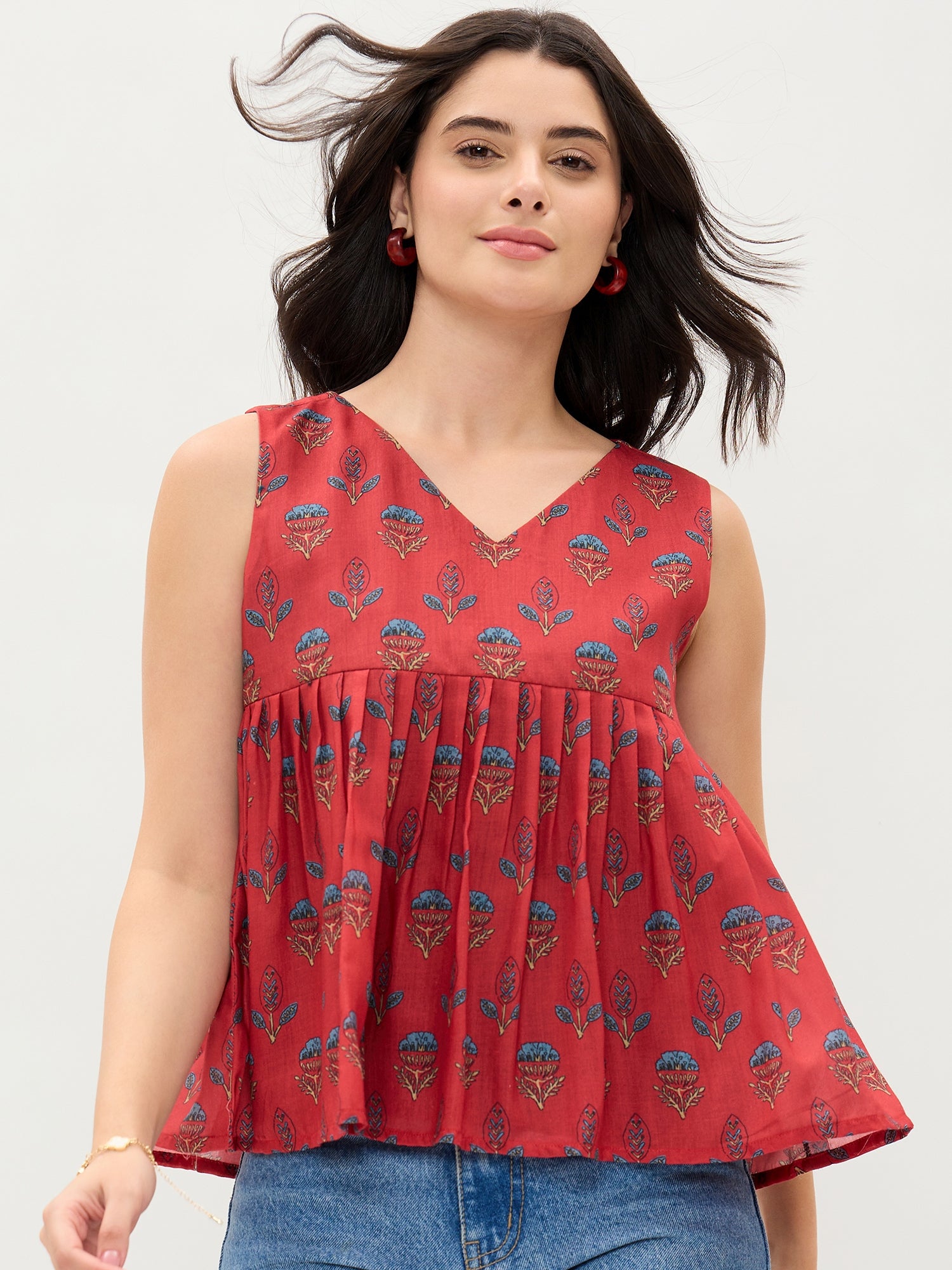 Printed V Neck Flared Top