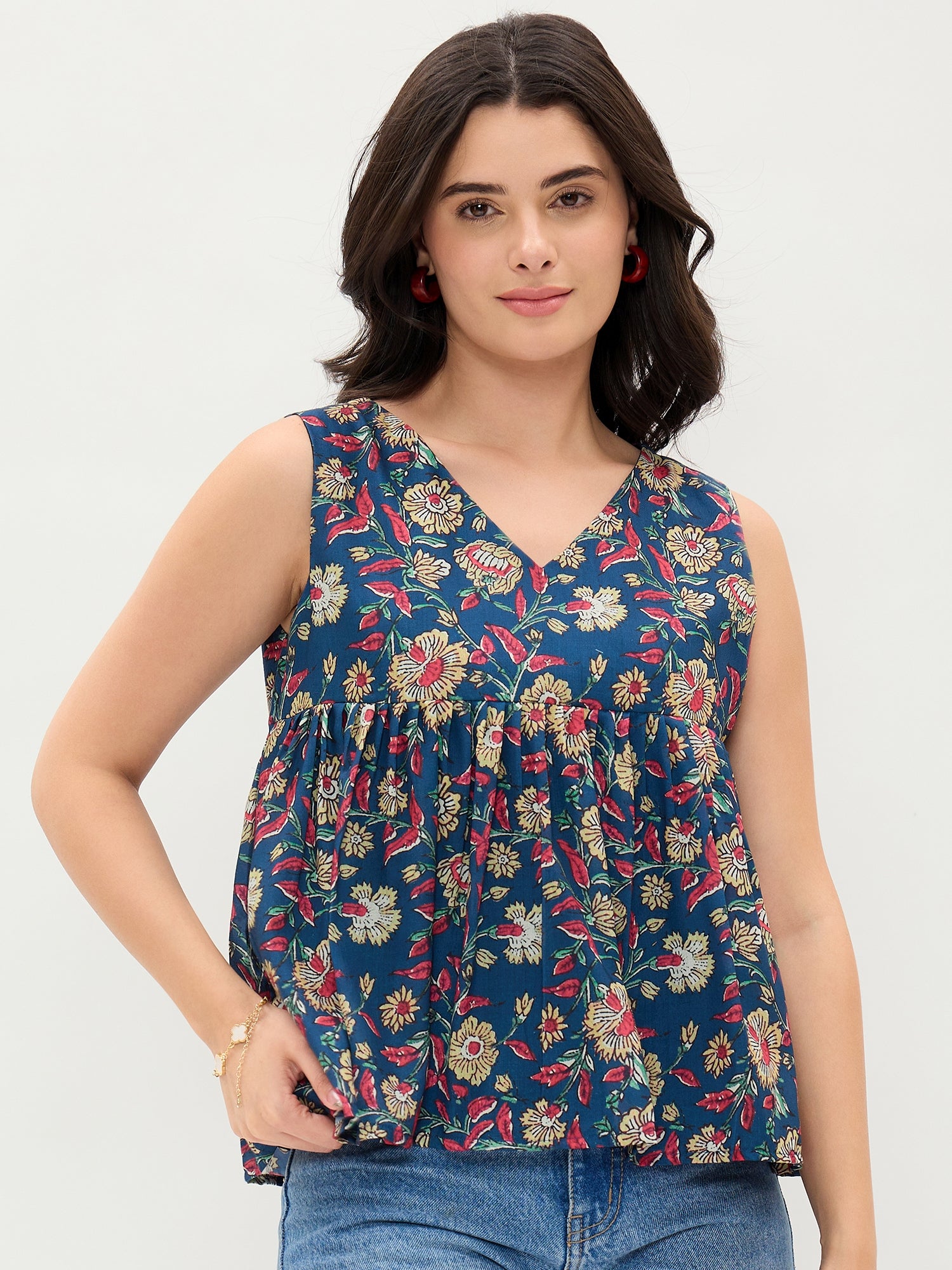 Blue Printed V Neck Flared Top