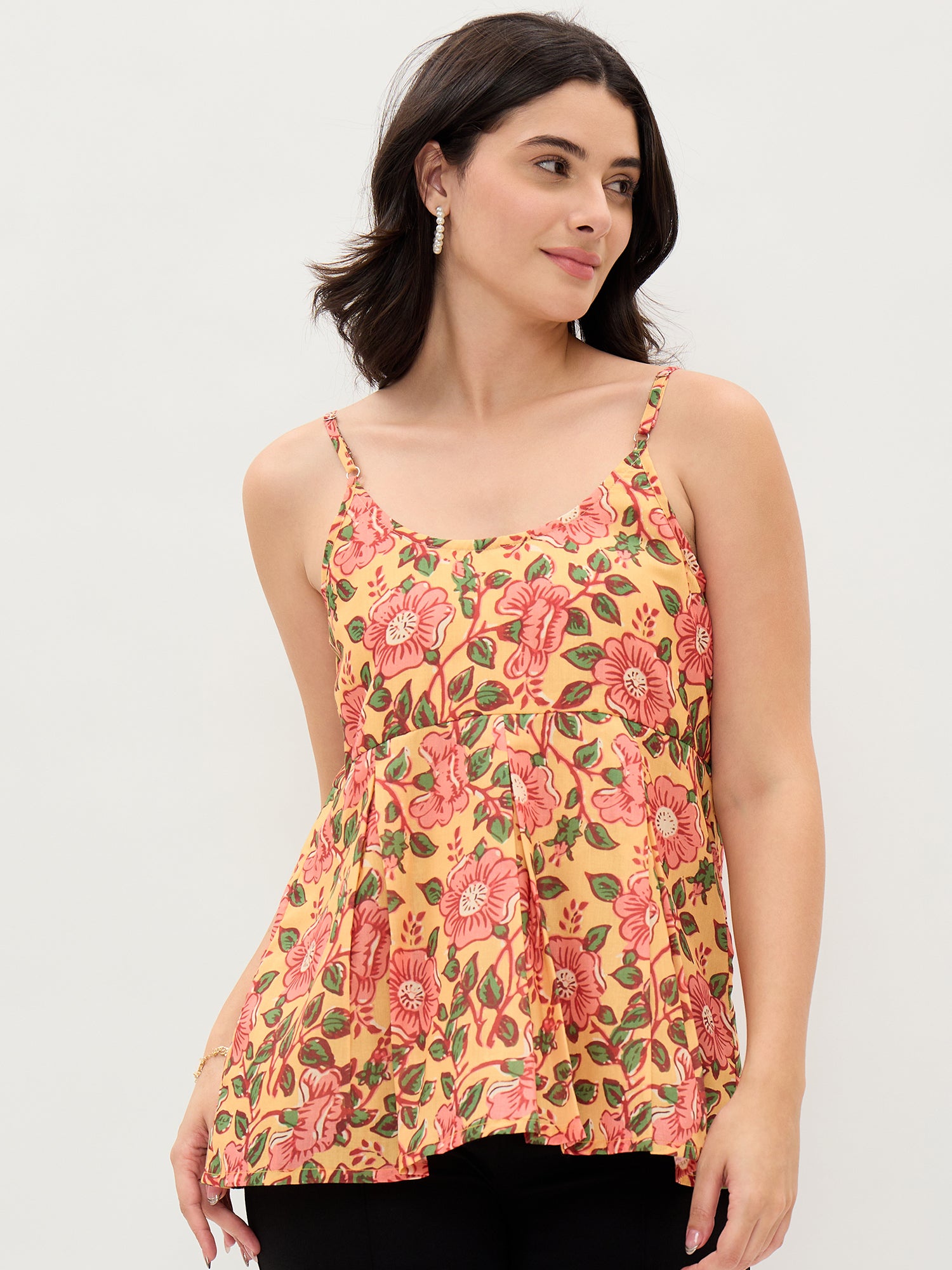 Yellow Printed Spaghetti  Top