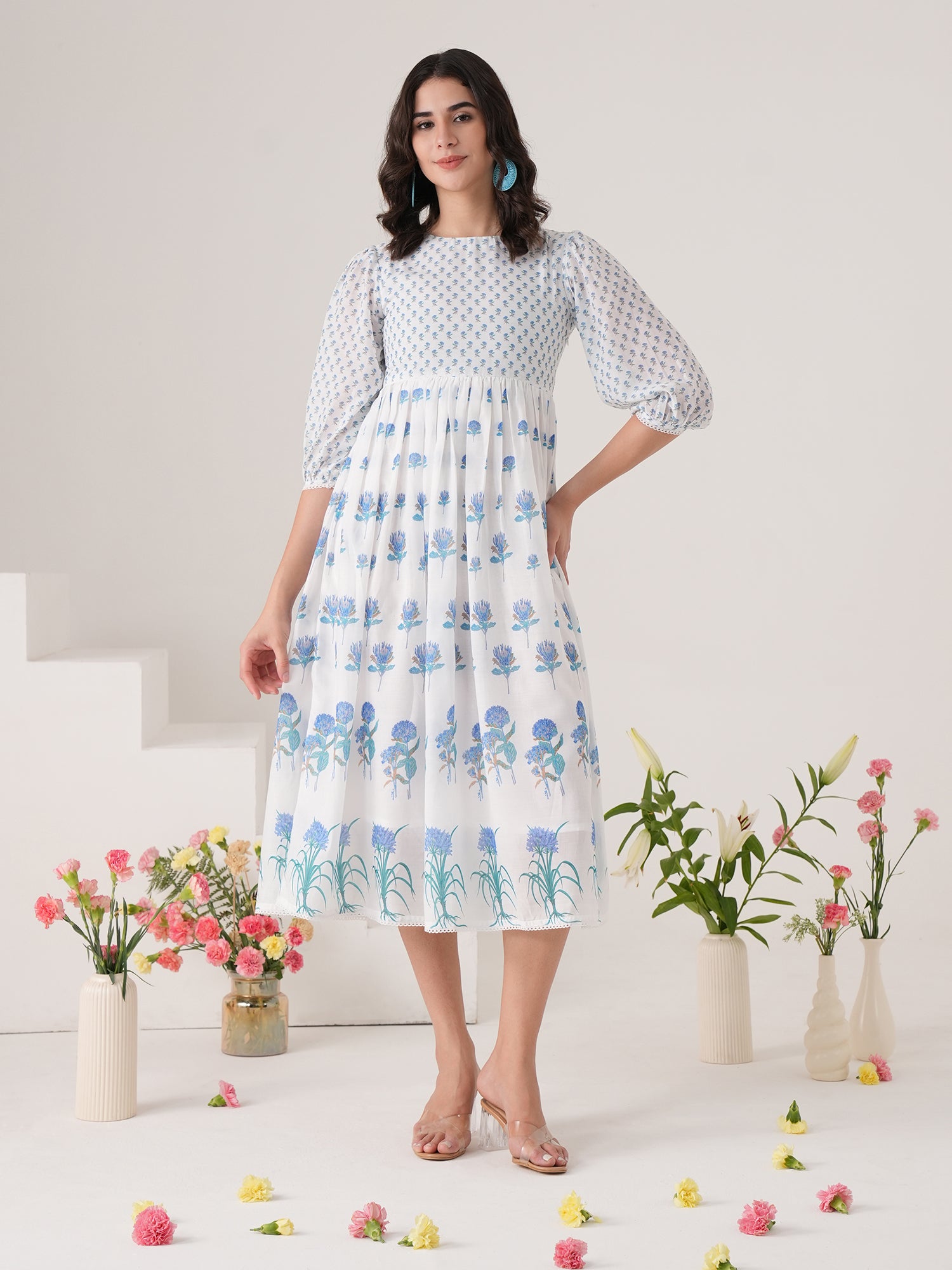 White Floral printed Flared Midi Dress