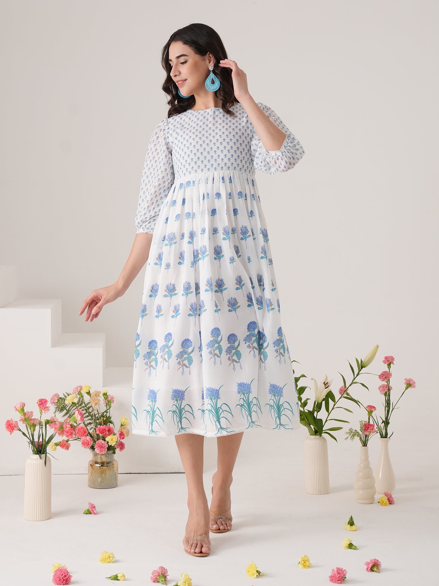 White Floral printed Flared Midi Dress