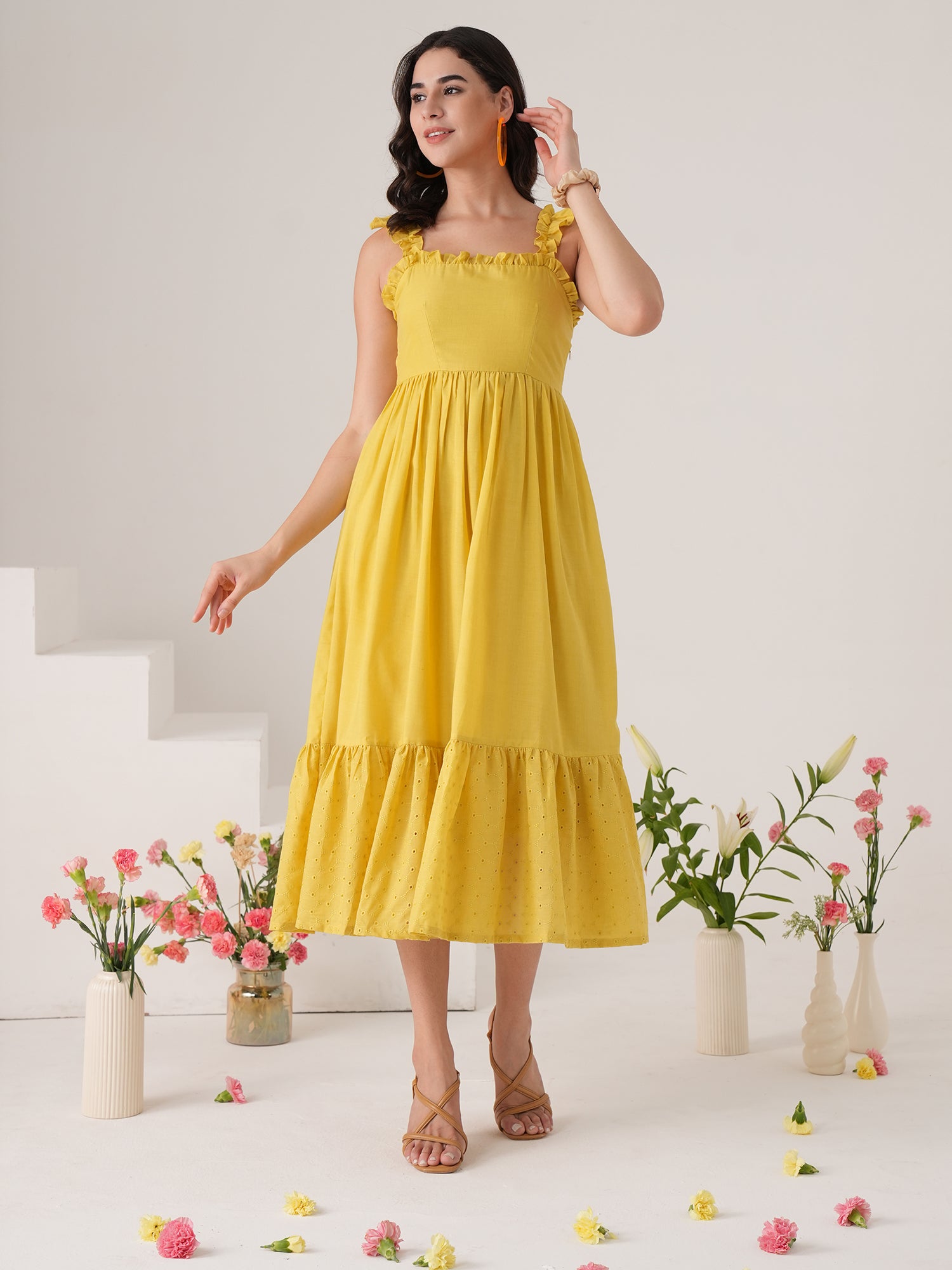 Yellow Chifflie Embroidery Flared Midi Dress