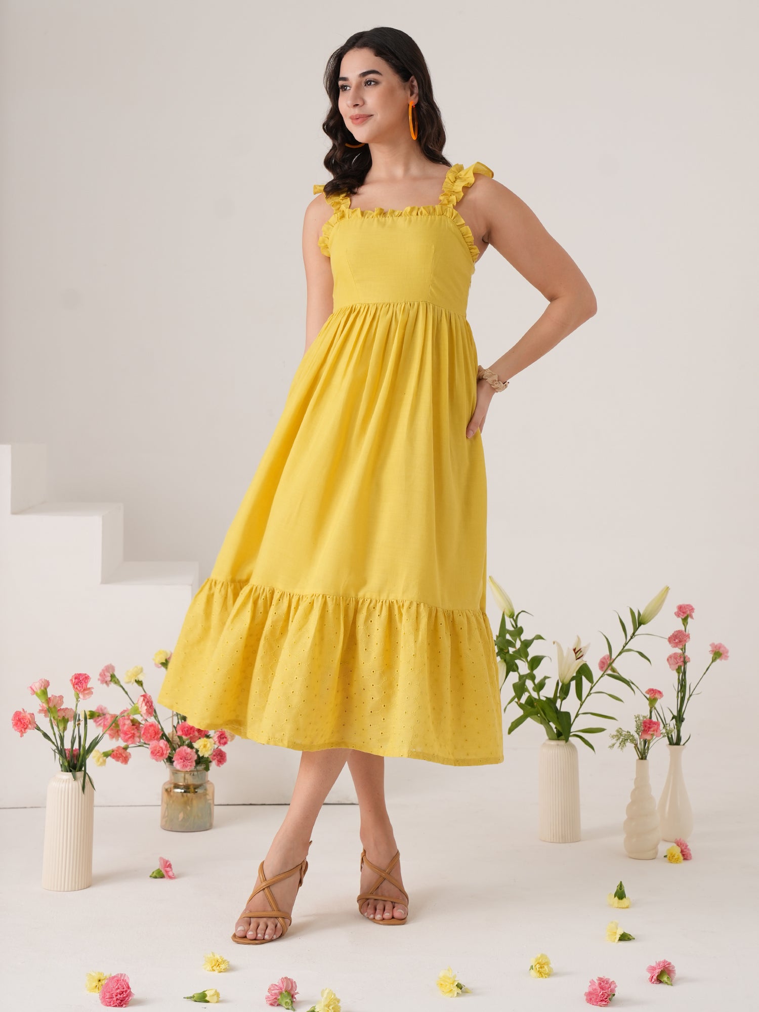 Yellow Chifflie Embroidery Flared Midi Dress