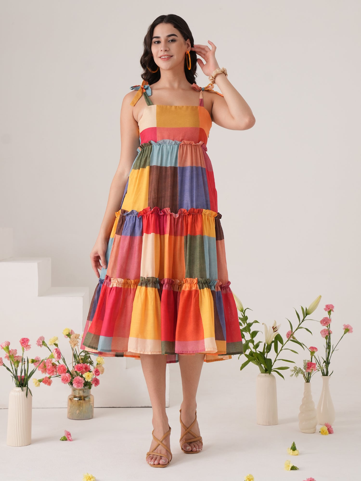 Multicolor Frilled Layerd Pattern Flared Midi Dress