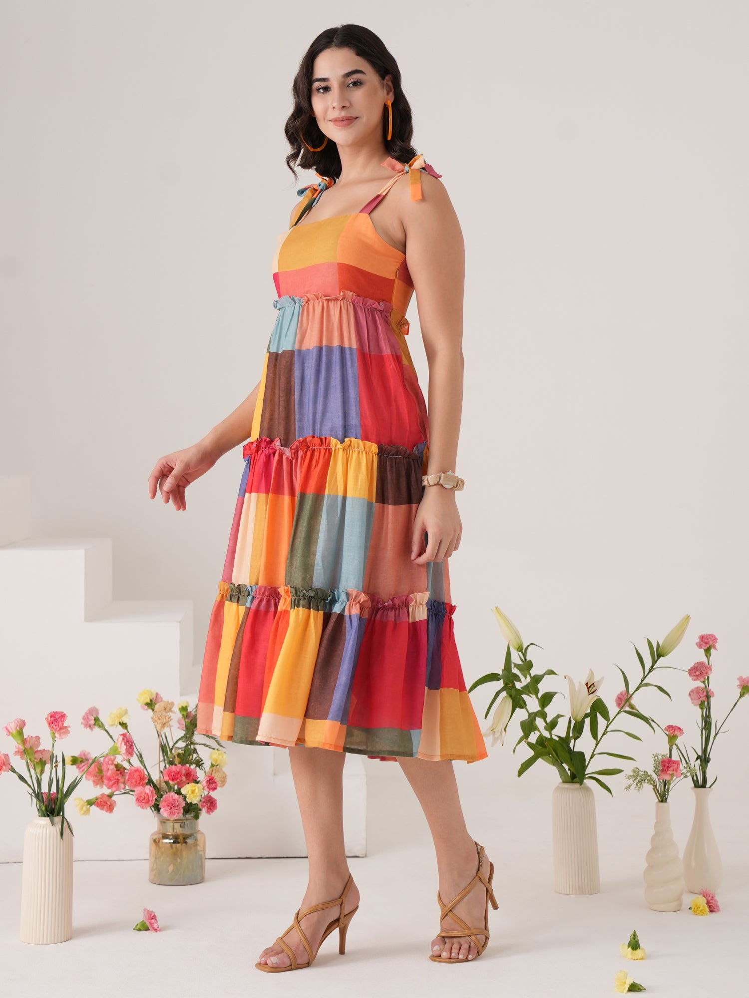 Multicolor Frilled Layerd Pattern Flared Midi Dress