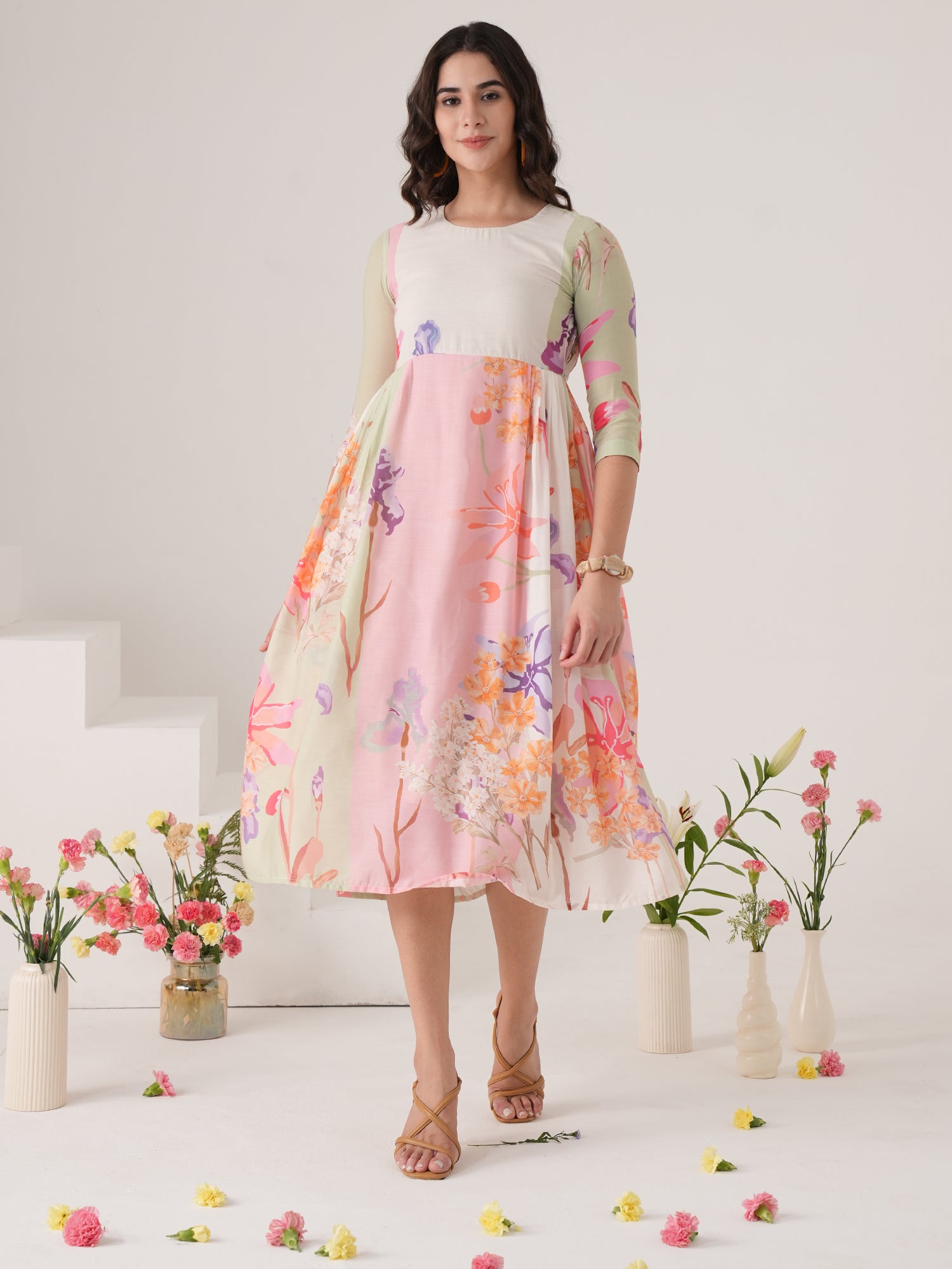 White Floral Printed Flared Midi Dress