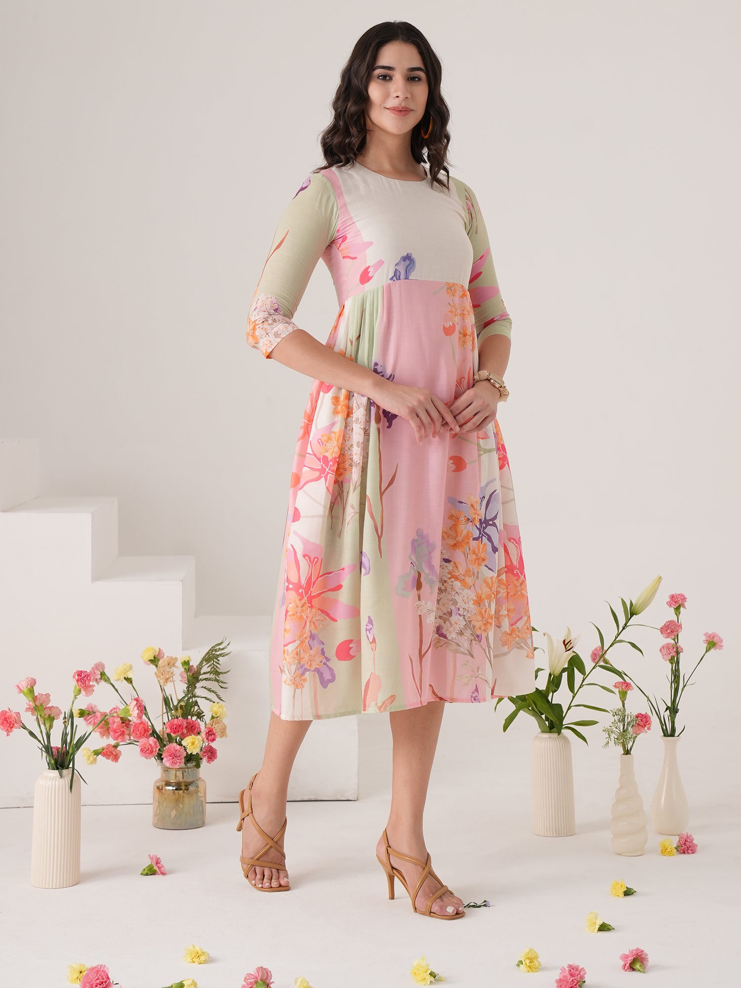 White Floral Printed Flared Midi Dress