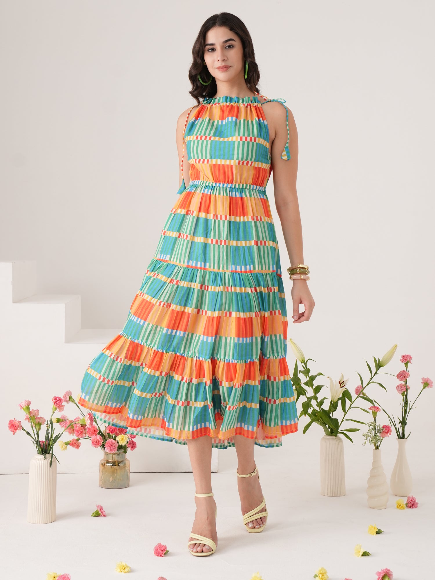 Multi Color Checked Flared Midi Dress