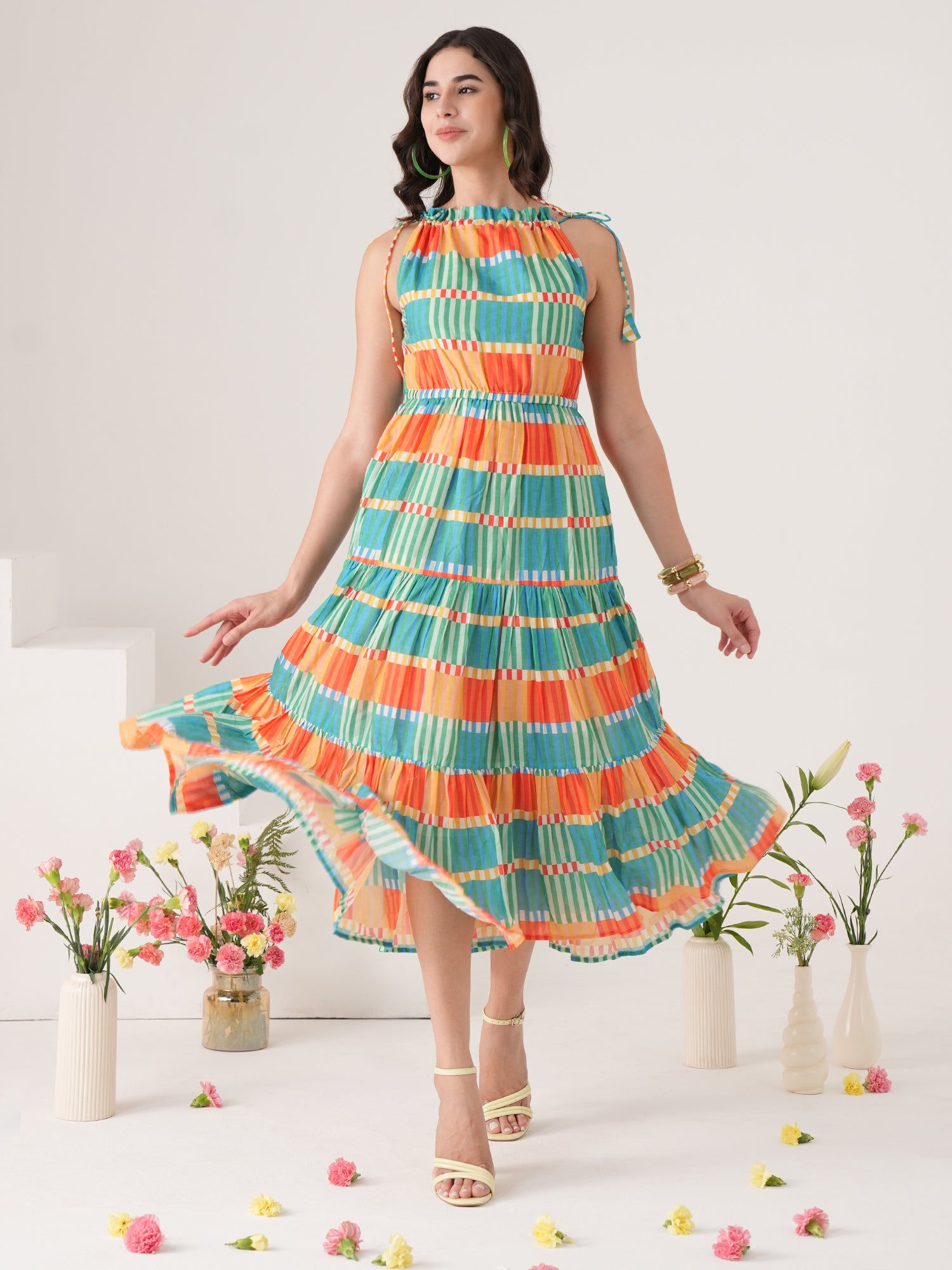 Multi Color Checked Flared Midi Dress