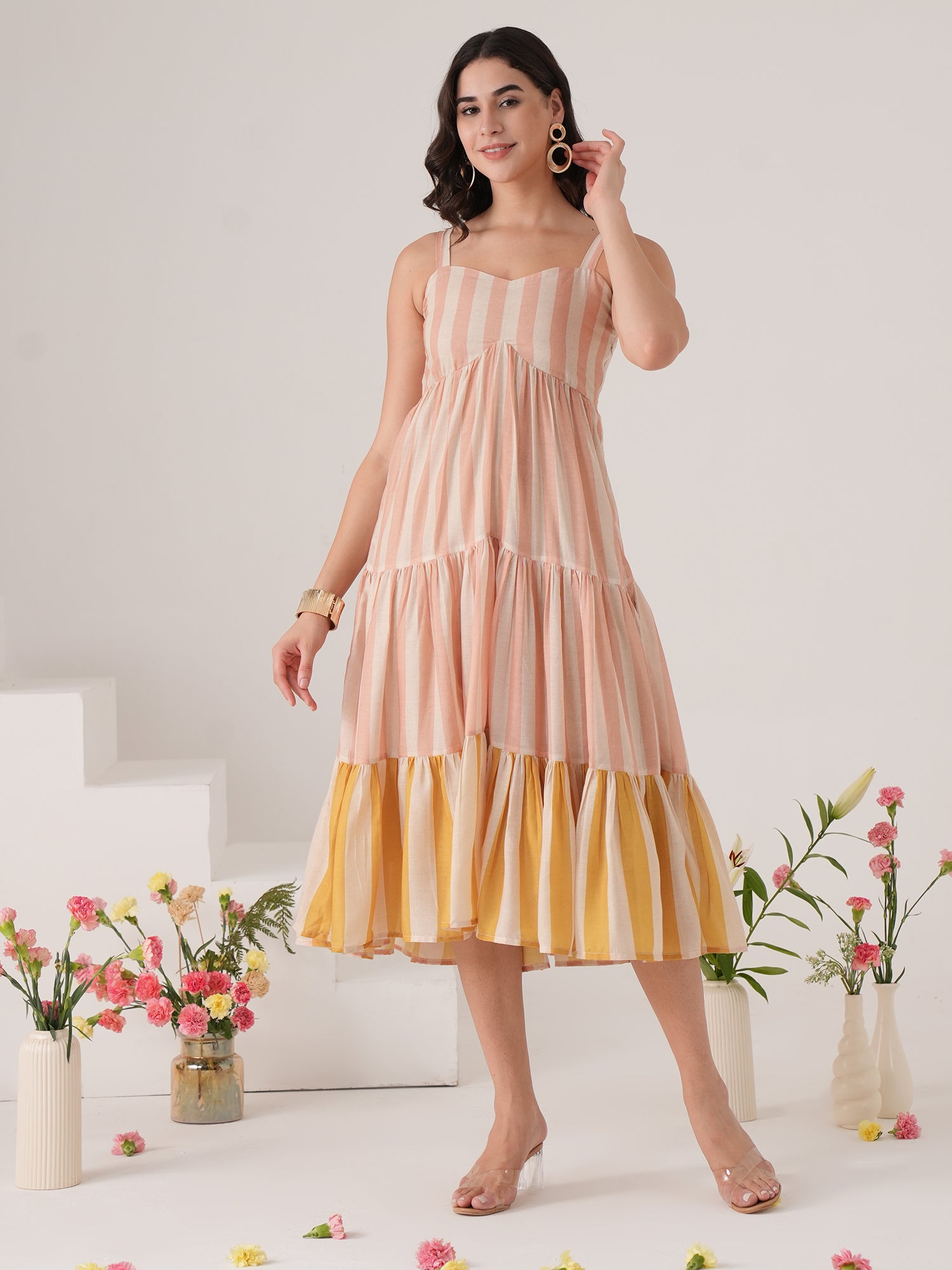 Beige Stripted Flared Midi Dress