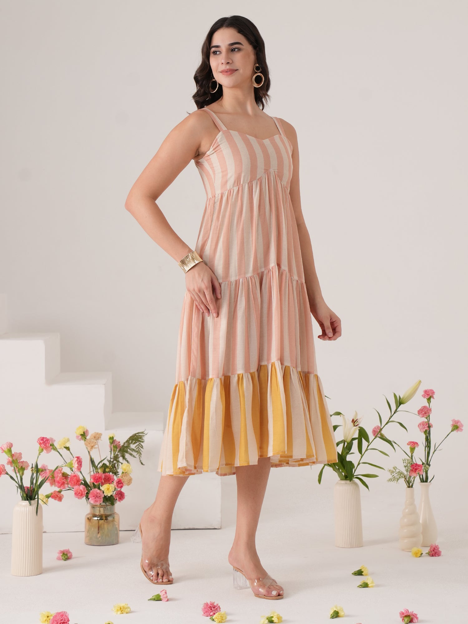 Beige Stripted Flared Midi Dress