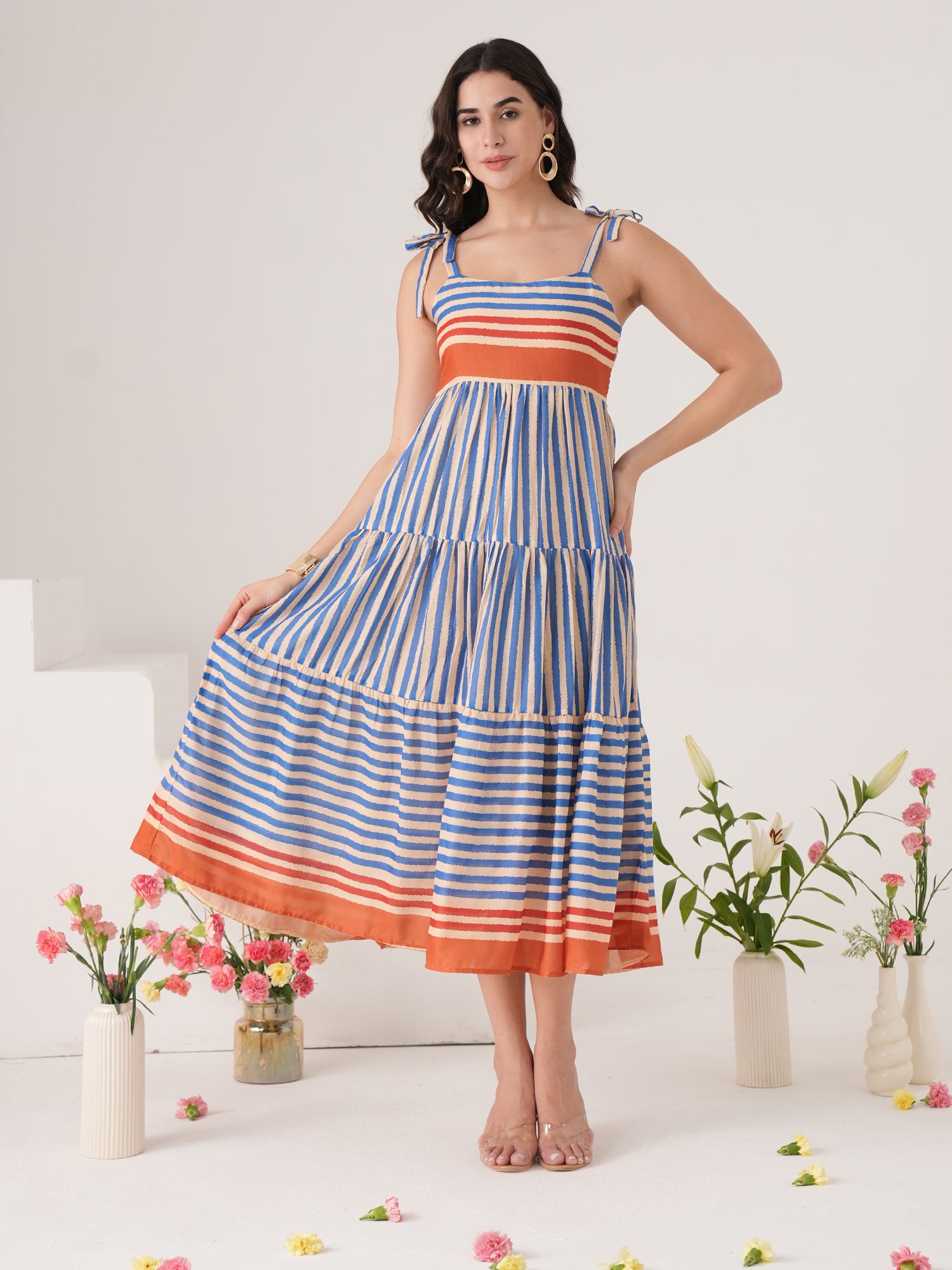 Blue Stripted Flared Midi Dress