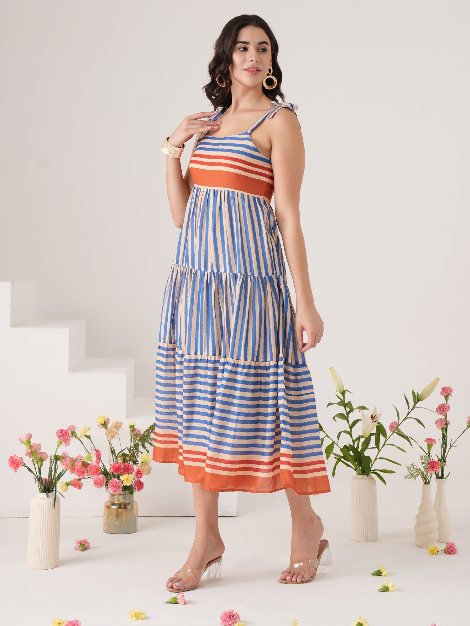 Blue Stripted Flared Midi Dress