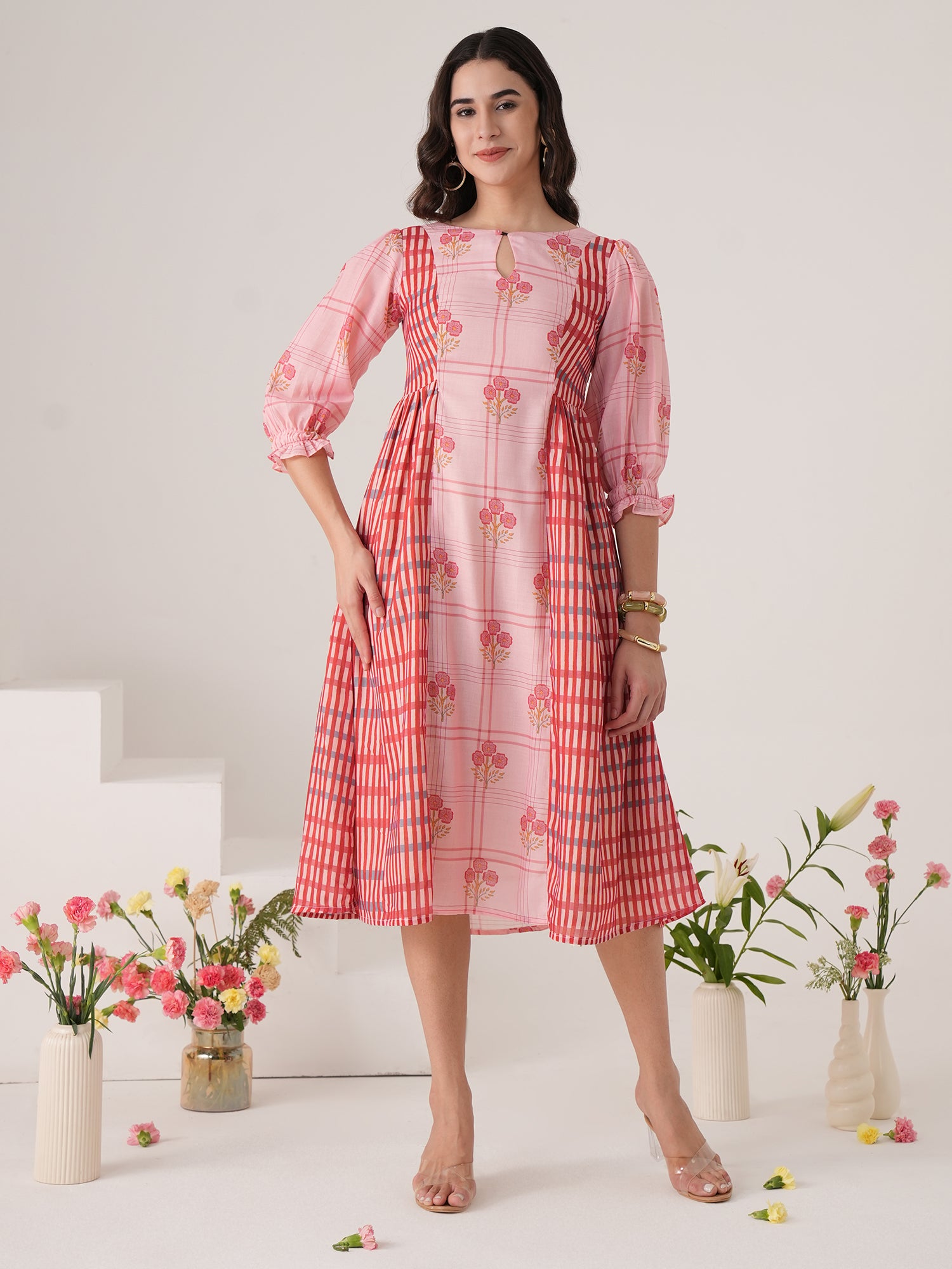 Red Stripted Falred Midi Dress