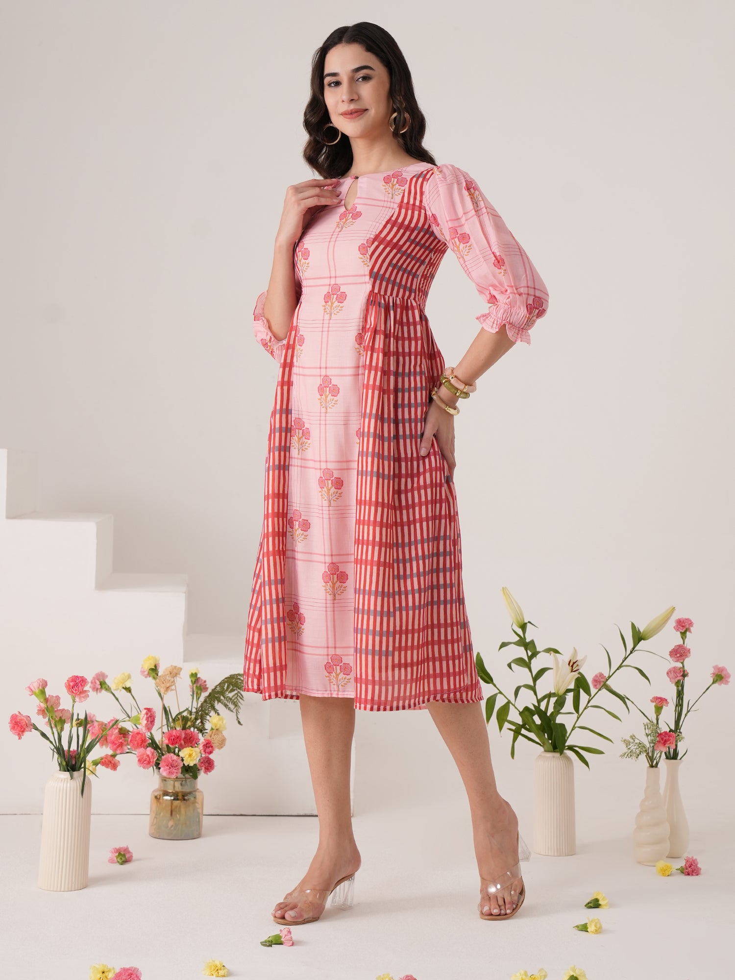 Red Stripted Falred Midi Dress