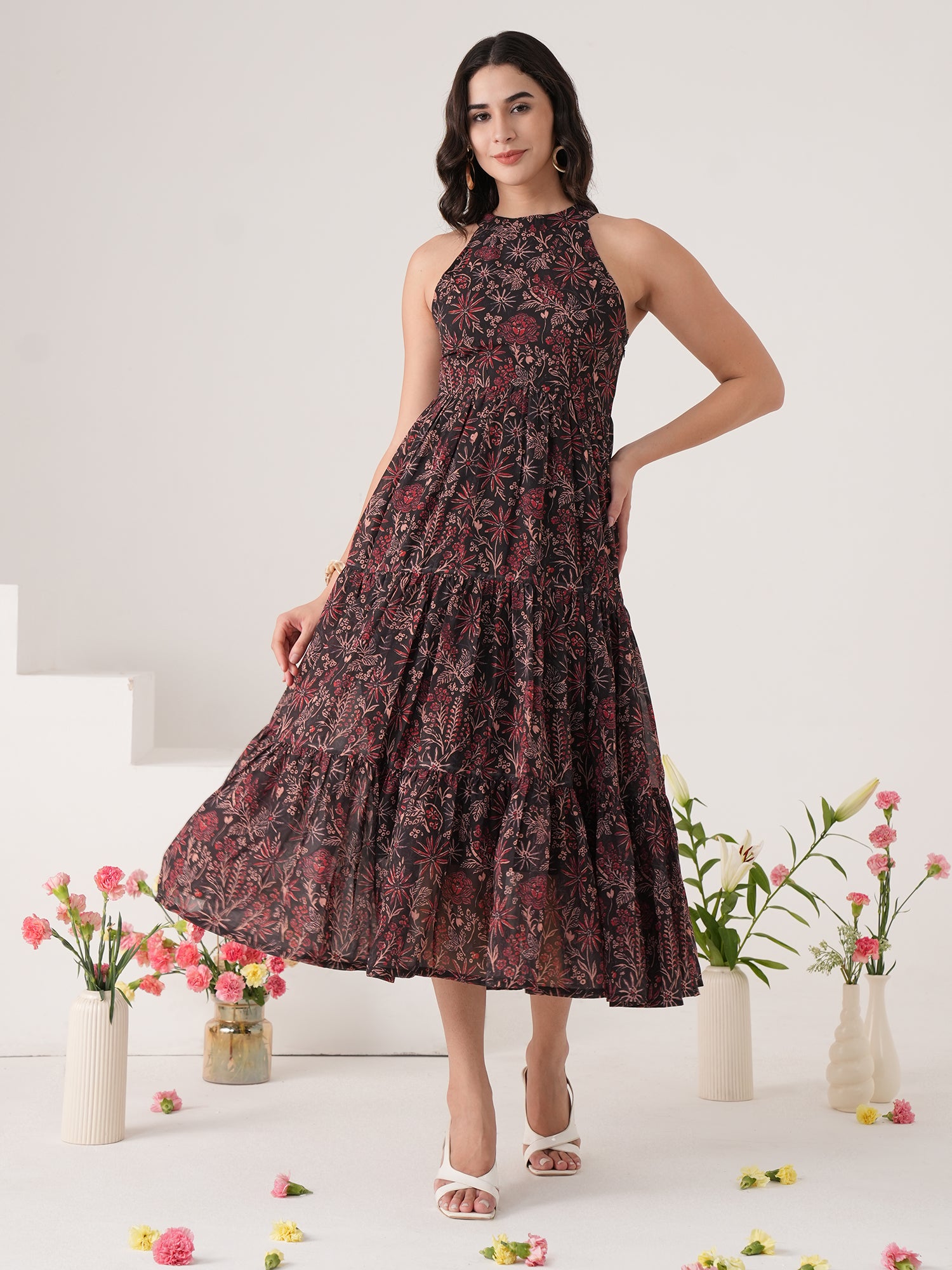Brown Floral Printed Georgette Midi dress