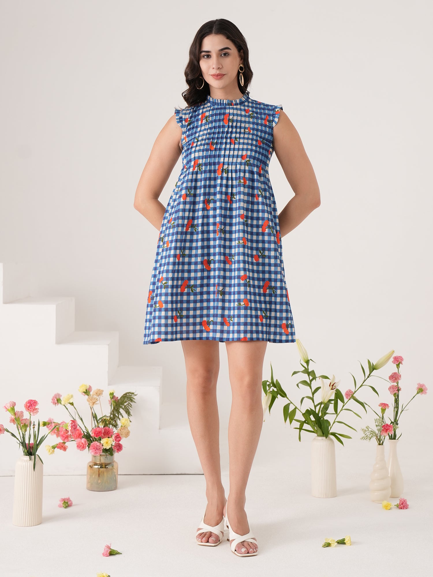 Blue Checked Flared Mini Dress