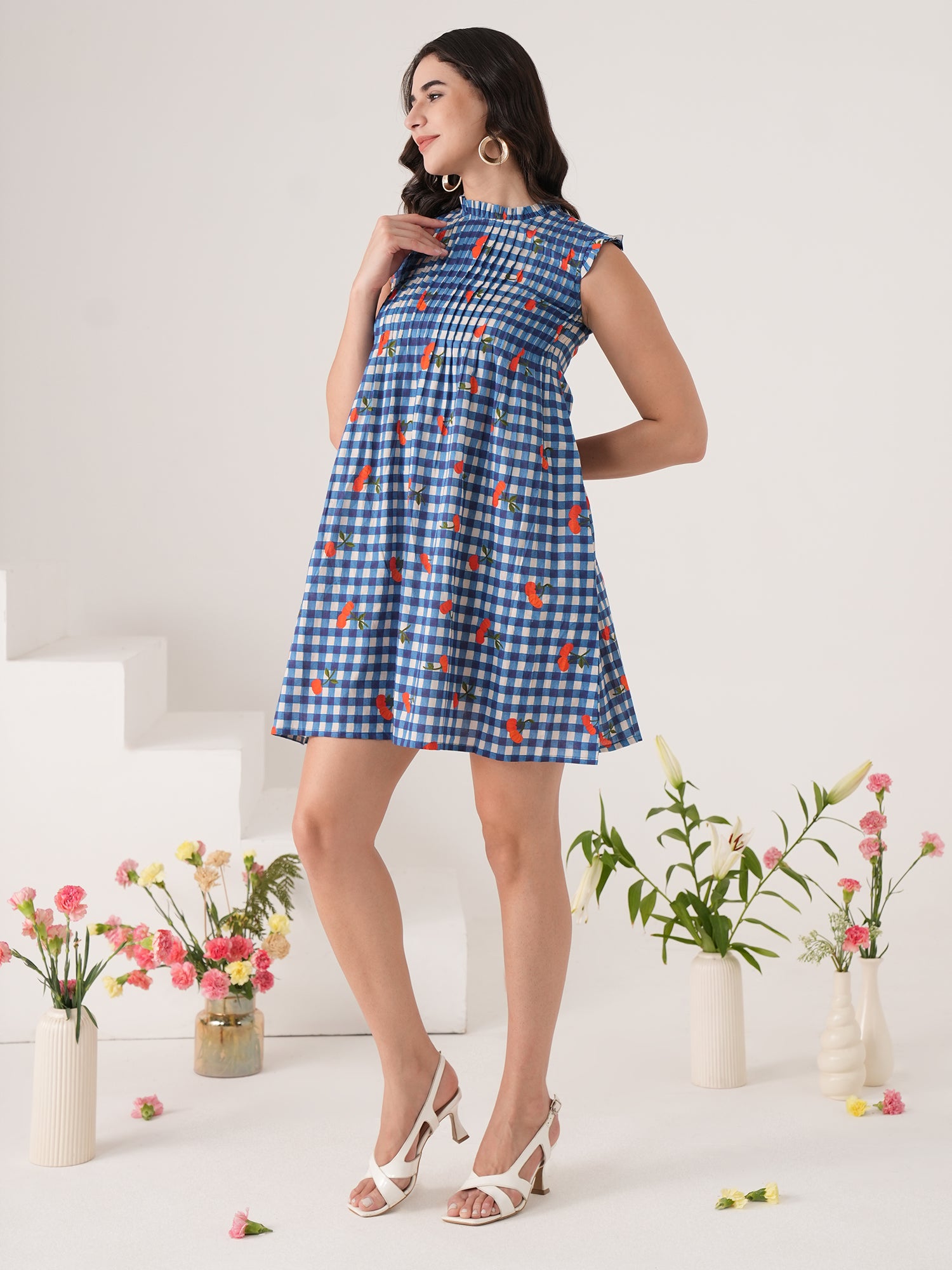 Blue Checked Flared Mini Dress