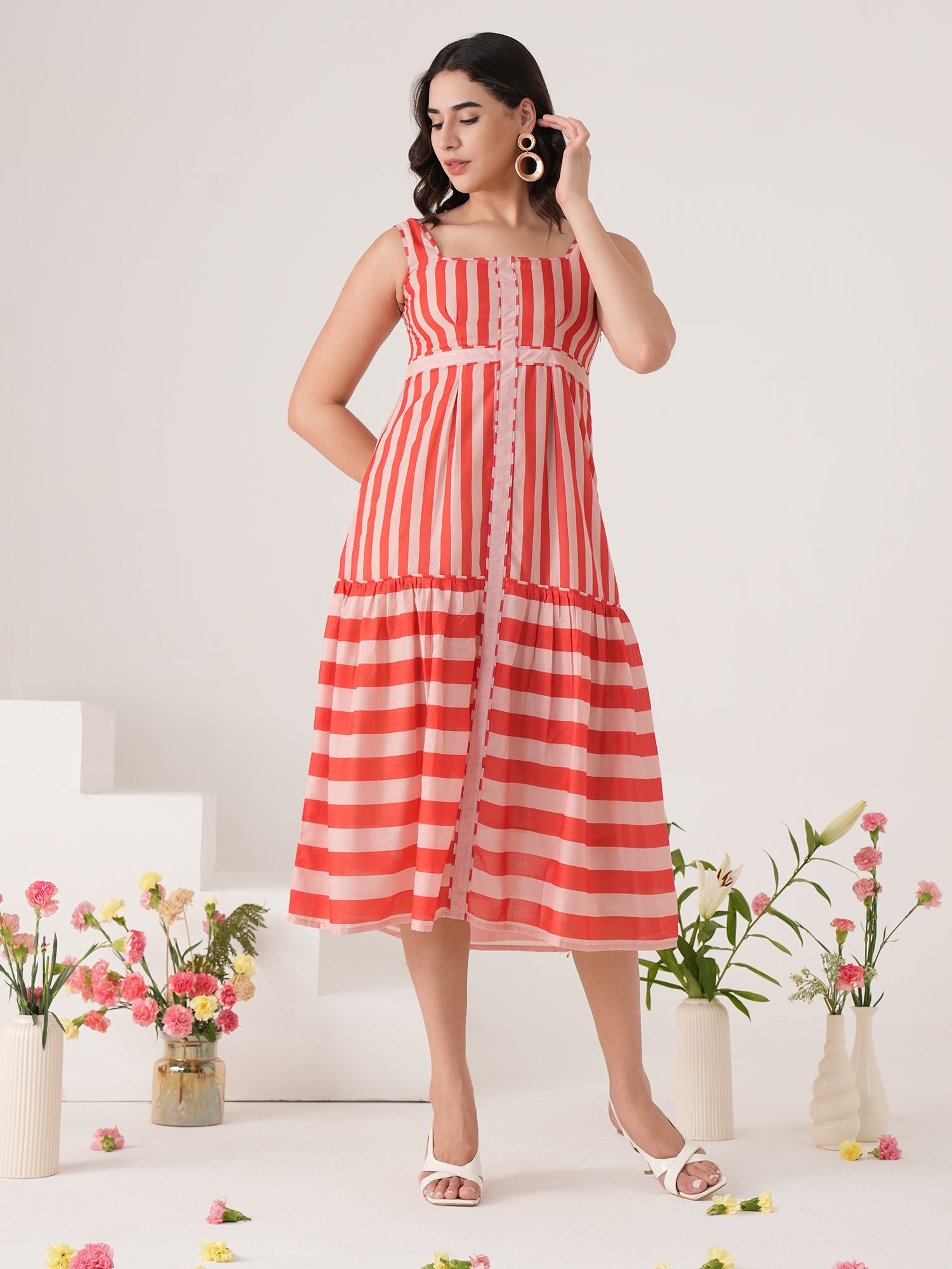 Red Stripted Flared Midi Dress