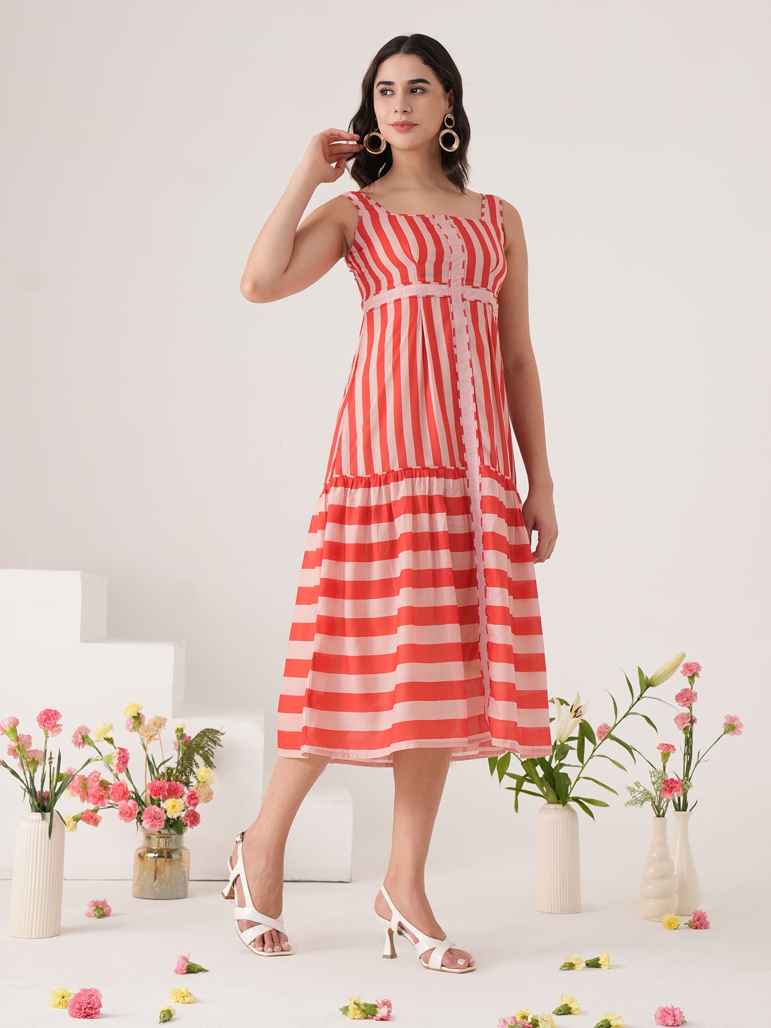 Red Stripted Flared Midi Dress
