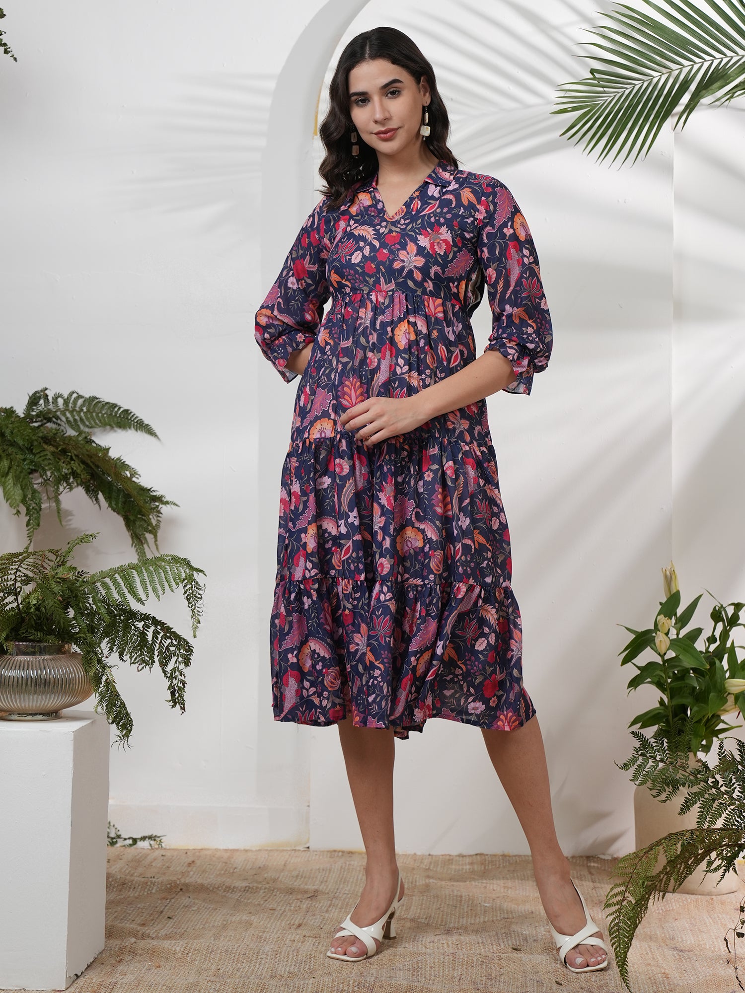 Blue Floral Printed Falred Midi dress