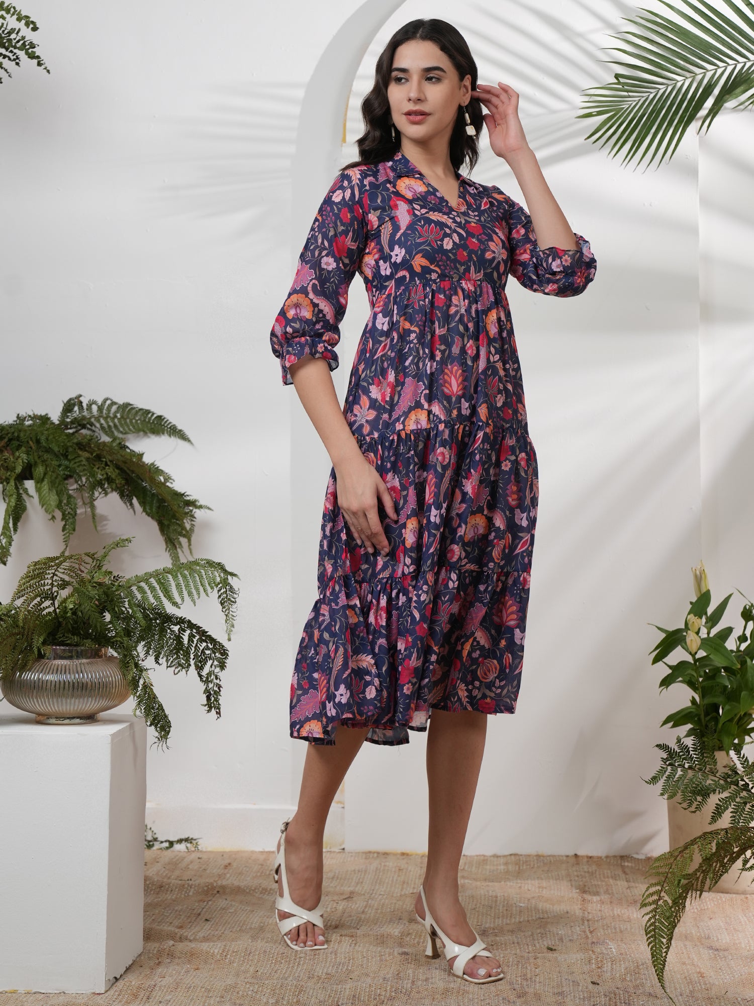 Blue Floral Printed Falred Midi dress