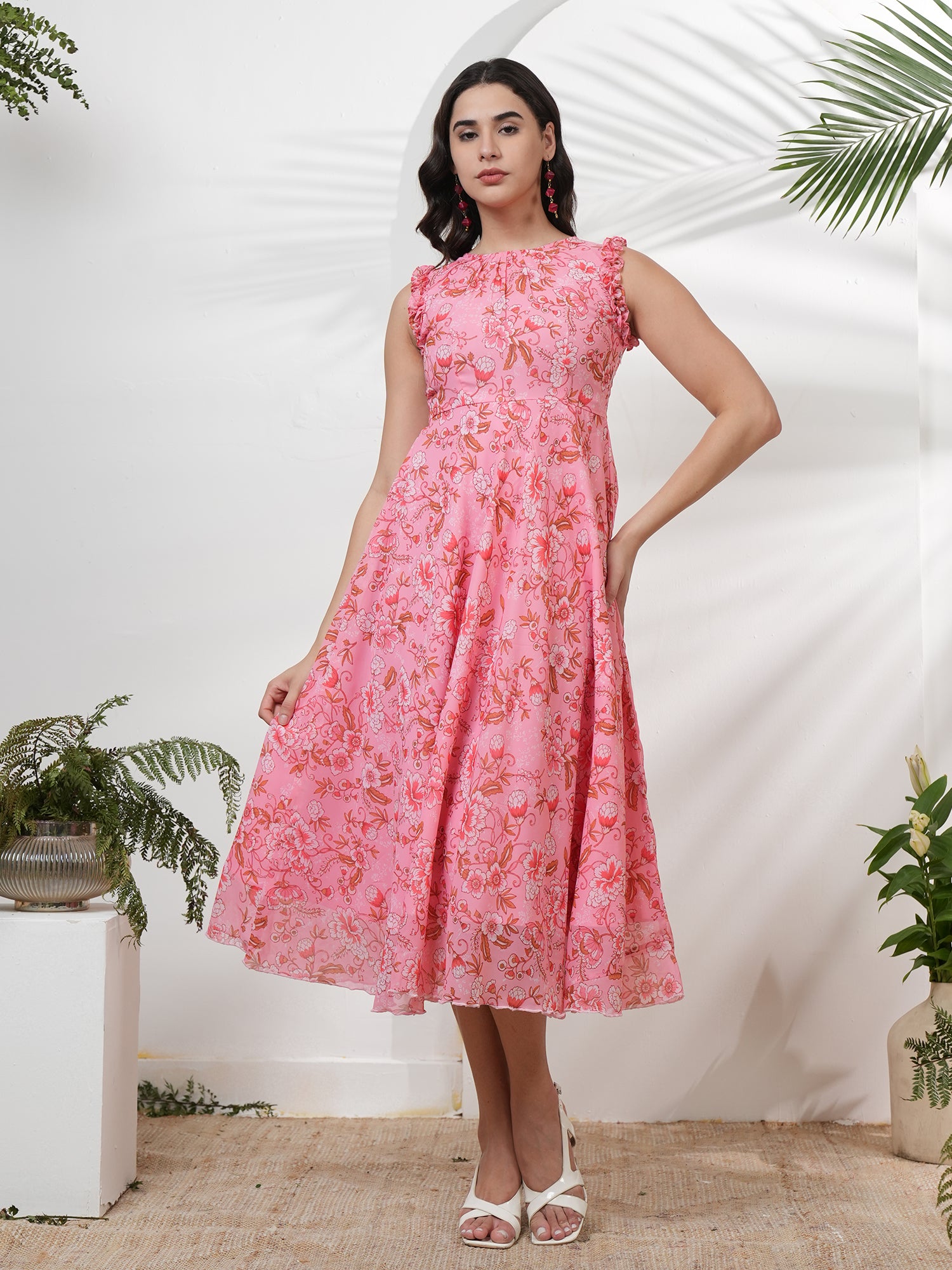 Pink Floral Printed Georgette Midi dress