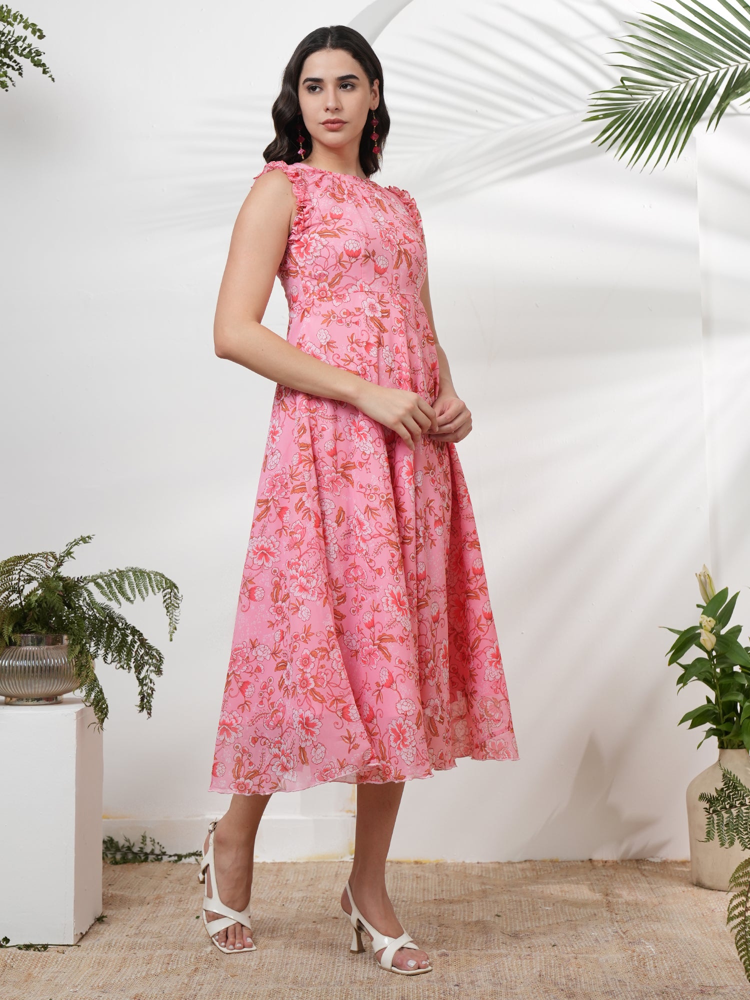 Pink Floral Printed Georgette Midi dress