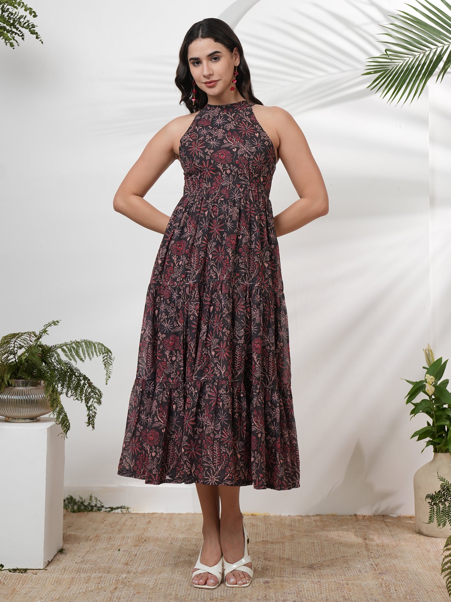 Brown Floral Printed Georgette Midi dress