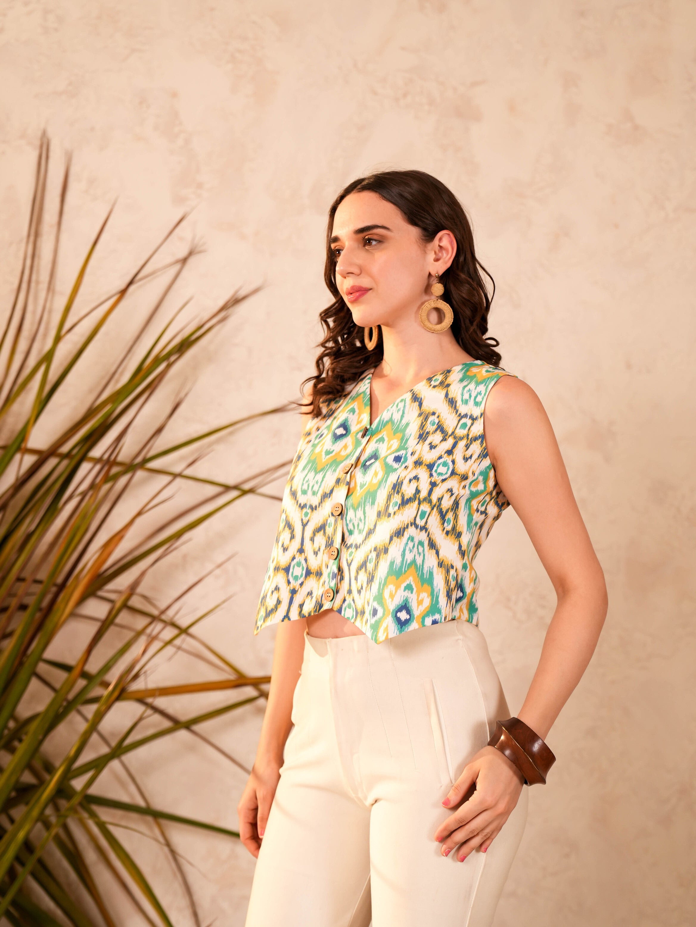 Beige Ikat Printed Crop Top